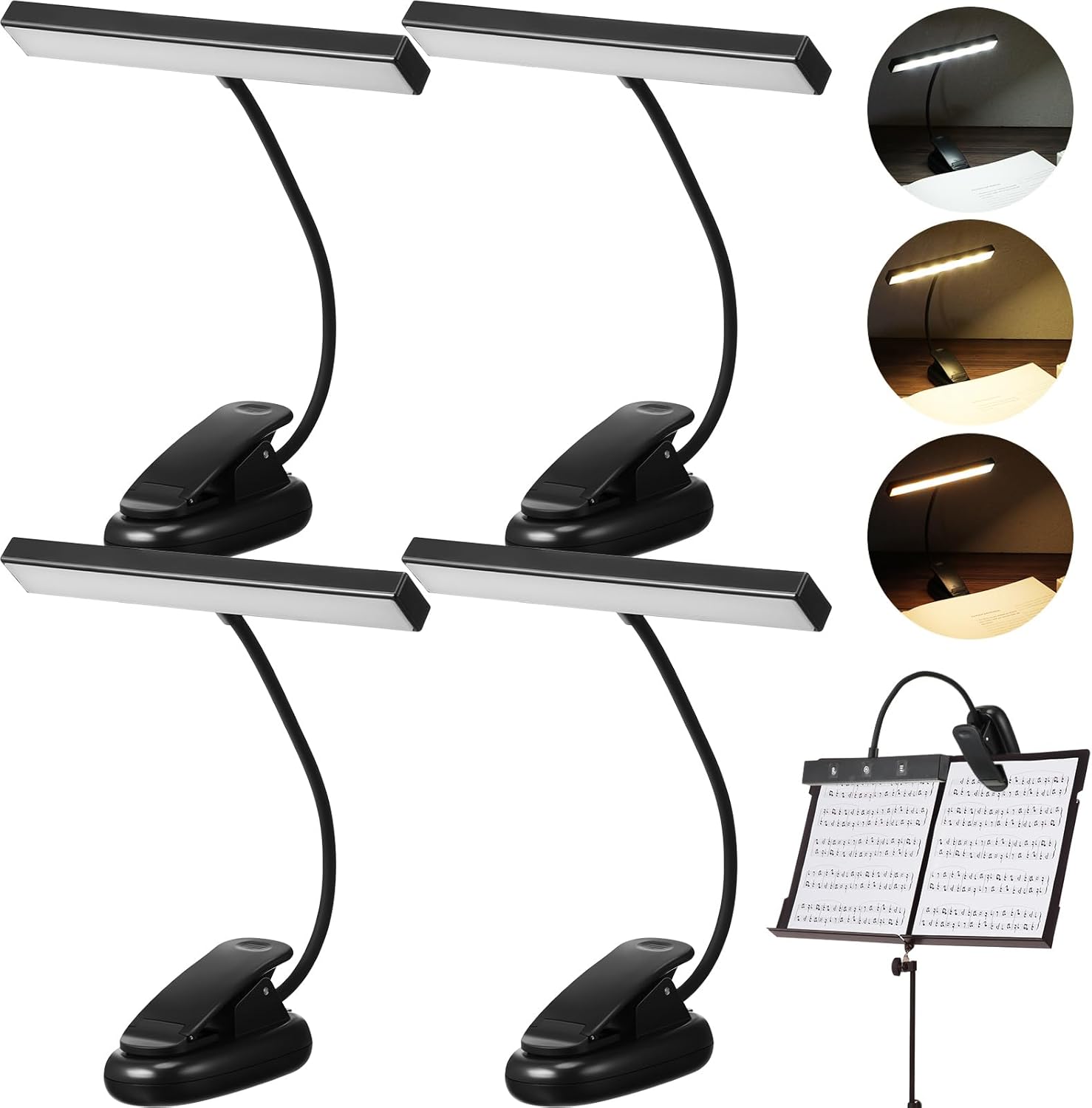 Retisee 4 piezas de luz de soporte de música 18 LED con clip de luz de piano lámpara de lectura ajustable USB y batería AAA (no incluida)funciona
