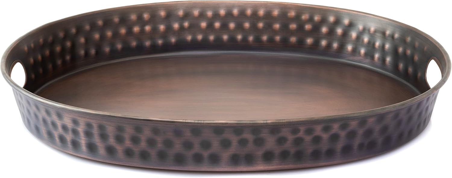Monarch Abode 40604 – Bandeja decorativa de metal martillado a mano, bandeja otomana ovalada para cocina, baño, encimera, organizador, 17 pulgadas,