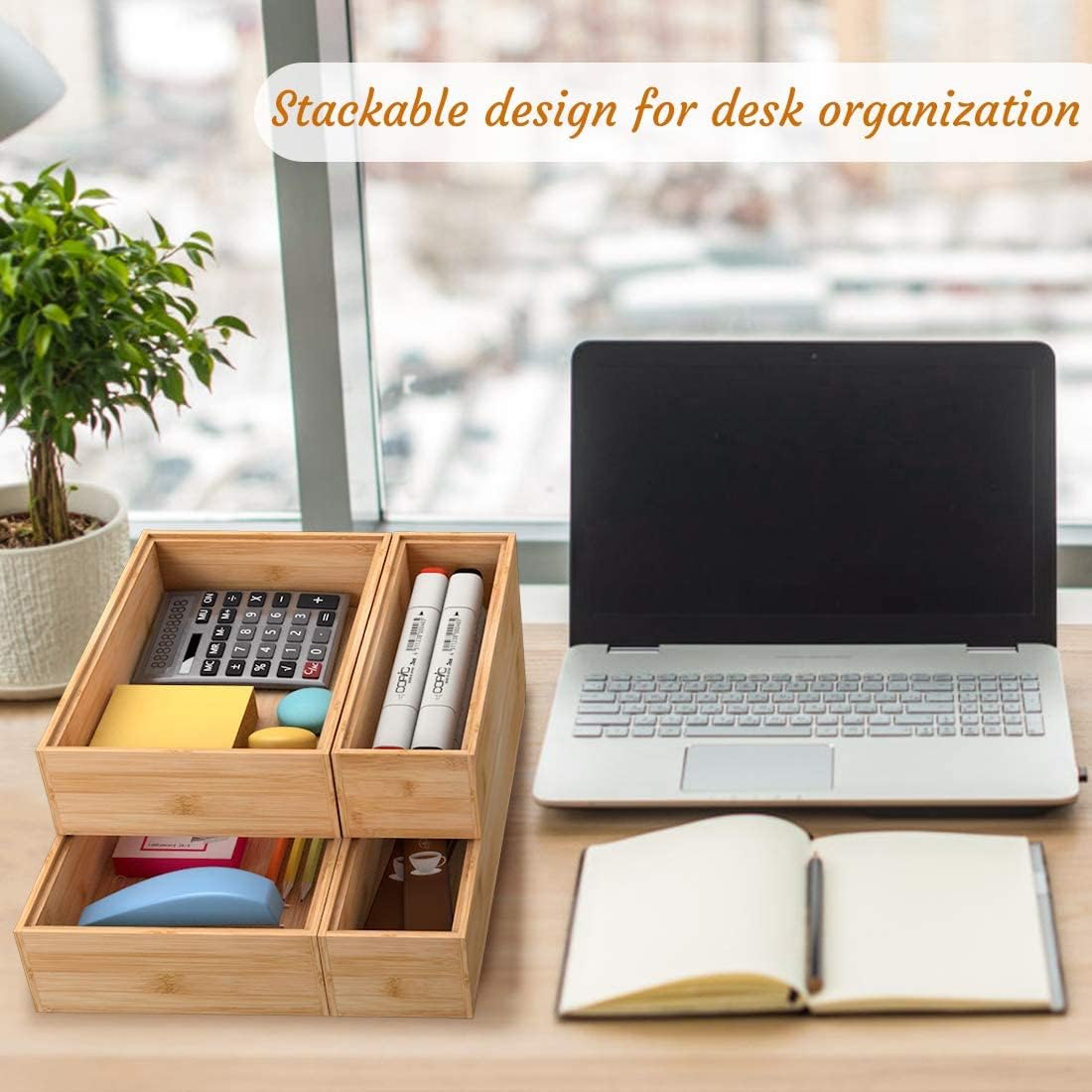 Organizador de utensilios de cubiertos, organizador de cajones de cubiertos  Soporte apilable de bambú para cubiertos, bandejas de almacenamiento de