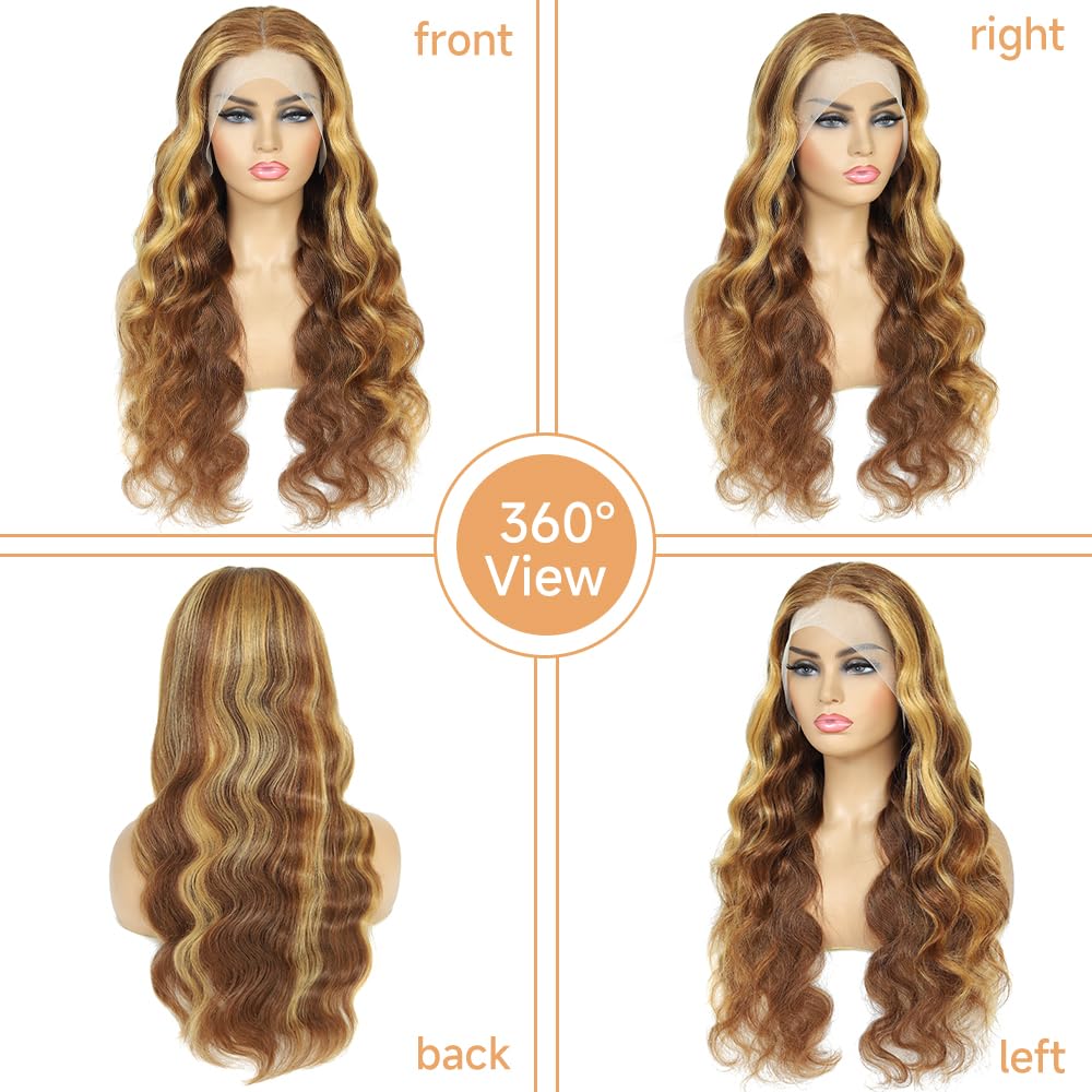 Peluca de cabello humano con encaje frontal transparente HD de 13 x 4 pulgadas, 180 % de densidad, cabello humano ondulado 427, color rubio miel,