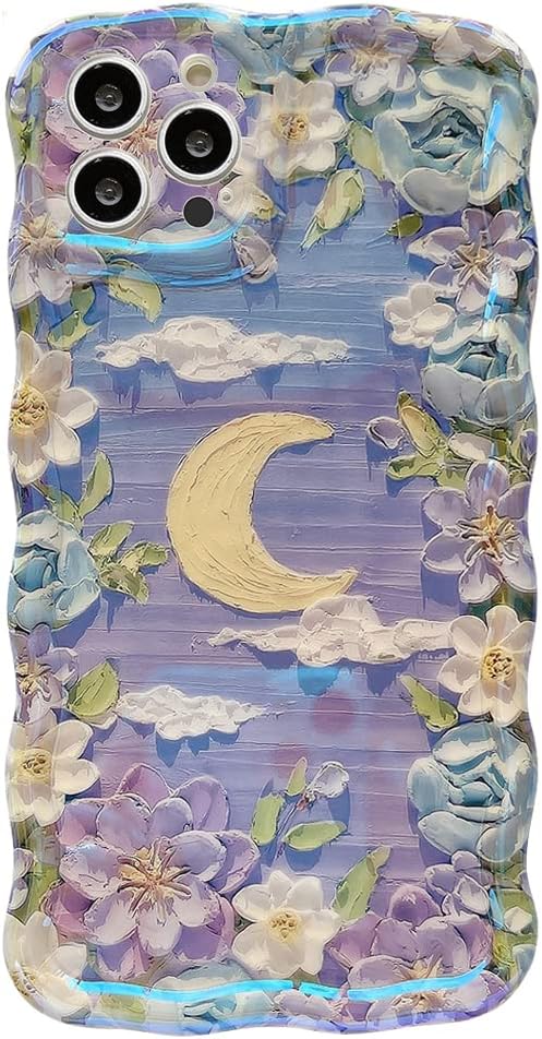 Funda para iPhone 13 Pro, lindo diseño de borde ondulado transparente IMD con flores de patán, duradera, a la moda, retro, de silicona, funda