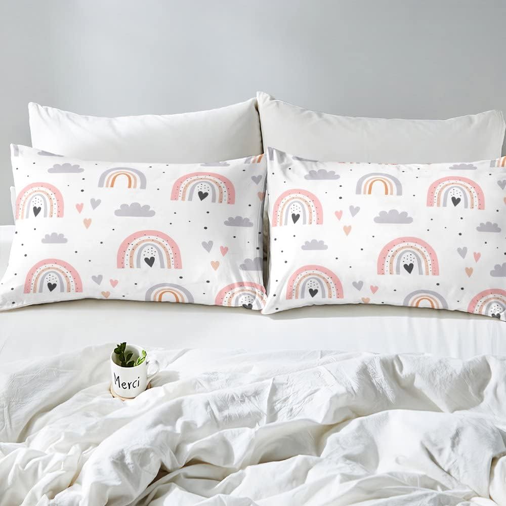 Juego de ropa de cama tamaño Queen con diseño de arco iris para niñas, juego de edredón Kawaii de nube de 3 piezas con 2 fundas de almohada, edredón