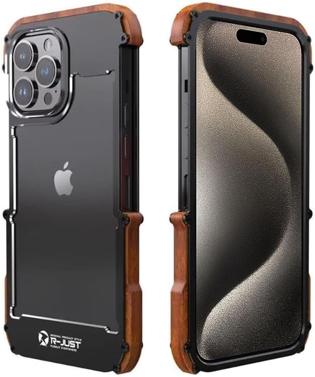Kowauri Funda para iPhone 15 Pro Max, protección contra caídas, aleación de aluminio de metal y madera, funda protectora a prueba de golpes y caídas