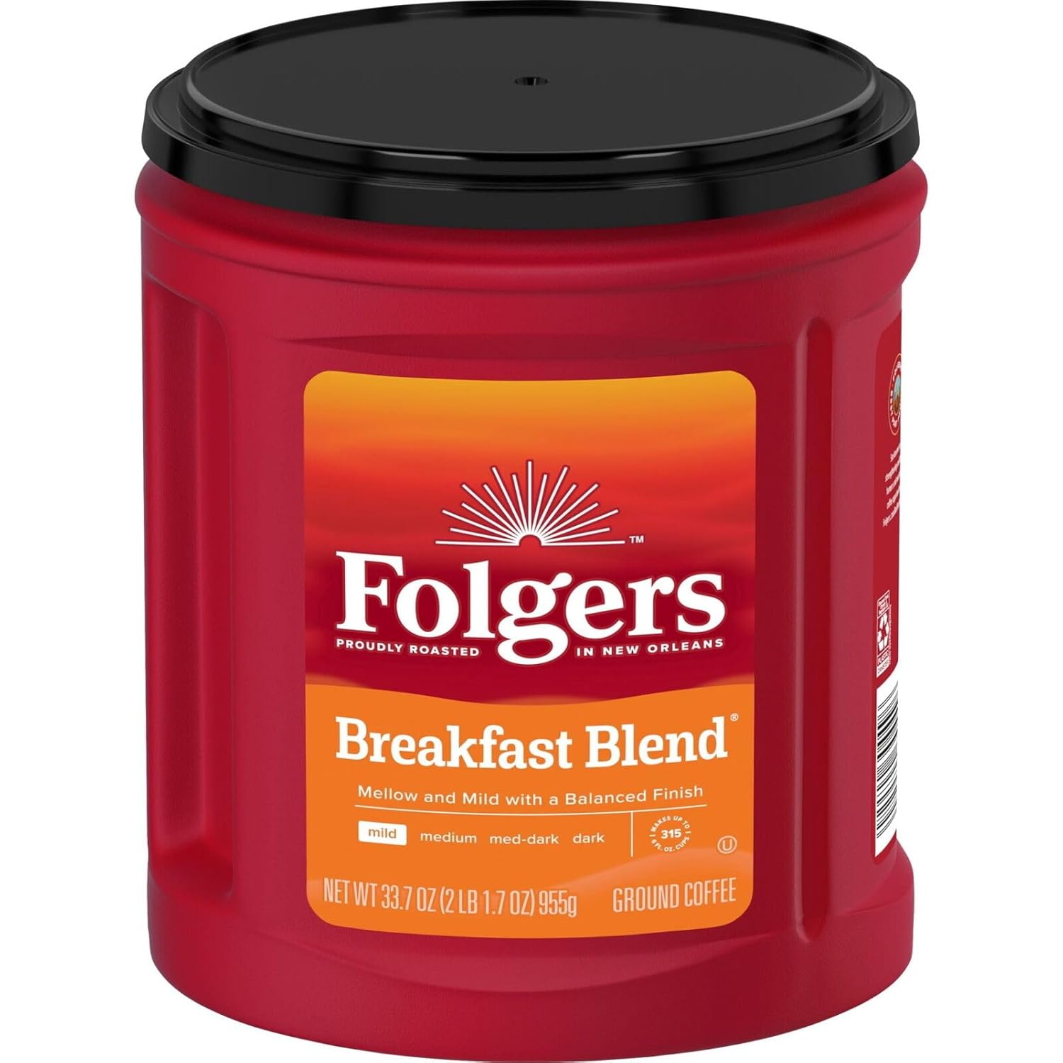 Folgers Breakfast Blend Café molido, café suave y suave, recipiente de 33.7 onzas