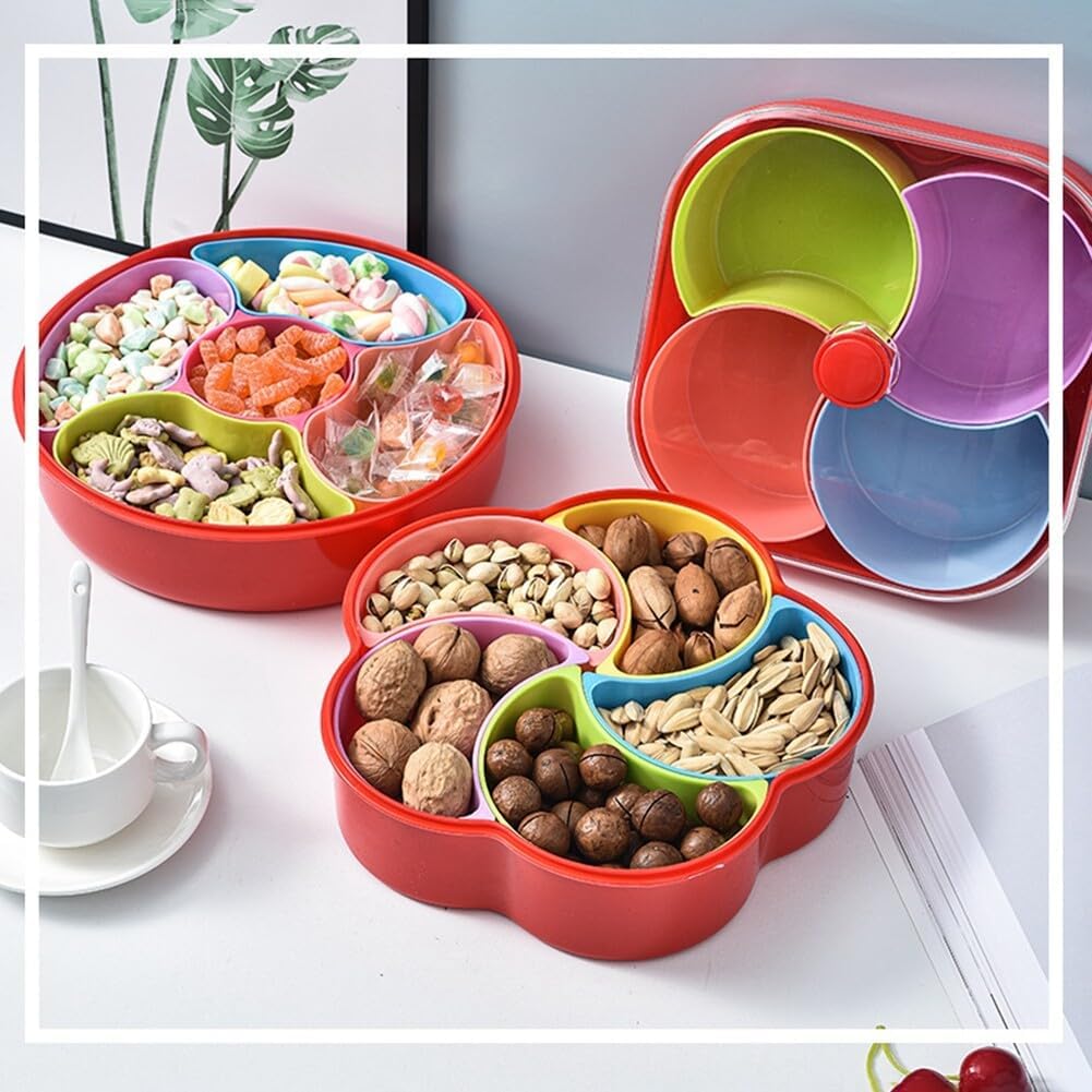 Bandeja de plástico dividida para servir 5 compartimentos, bandeja para servir aperitivos con tapa y asa, platos reutilizables para servir