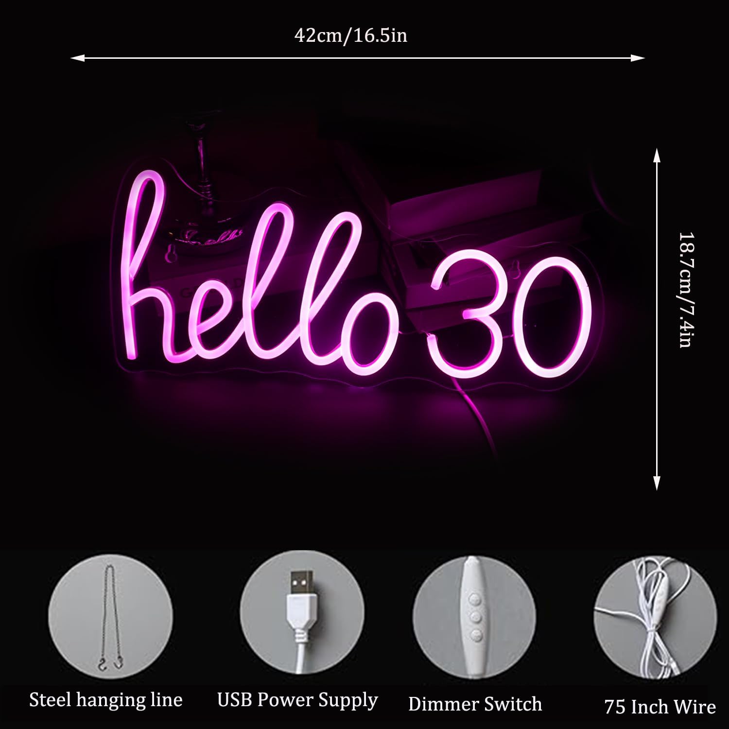 Letrero de luz LED de neón rosa con texto en inglés Hello 30 para niñas, decoración de fiesta de 30 cumpleaños, sala de estar, regalo de cumpleaños