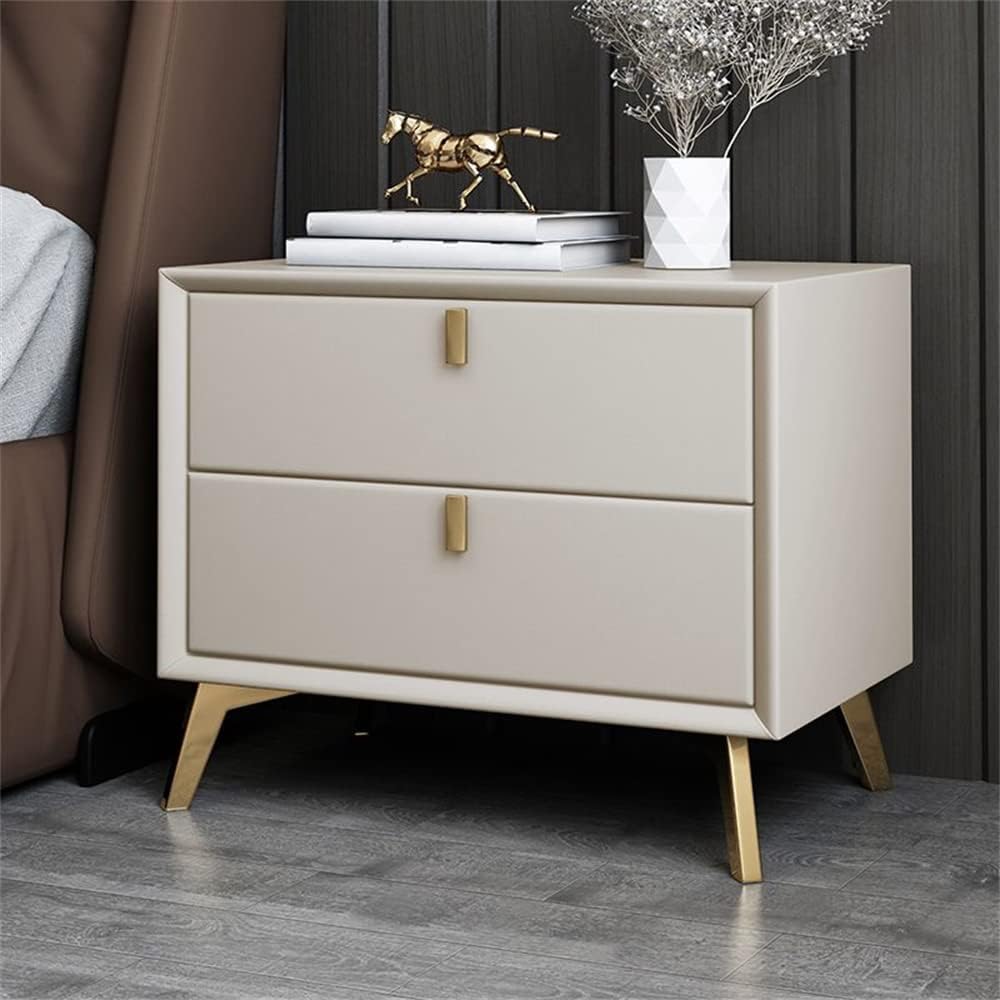 Mesita de noche de madera maciza con 2 cajones, mesa auxiliar moderna con cajón deslizante, patas de metal, mesa de noche moderna e mesa auxiliar