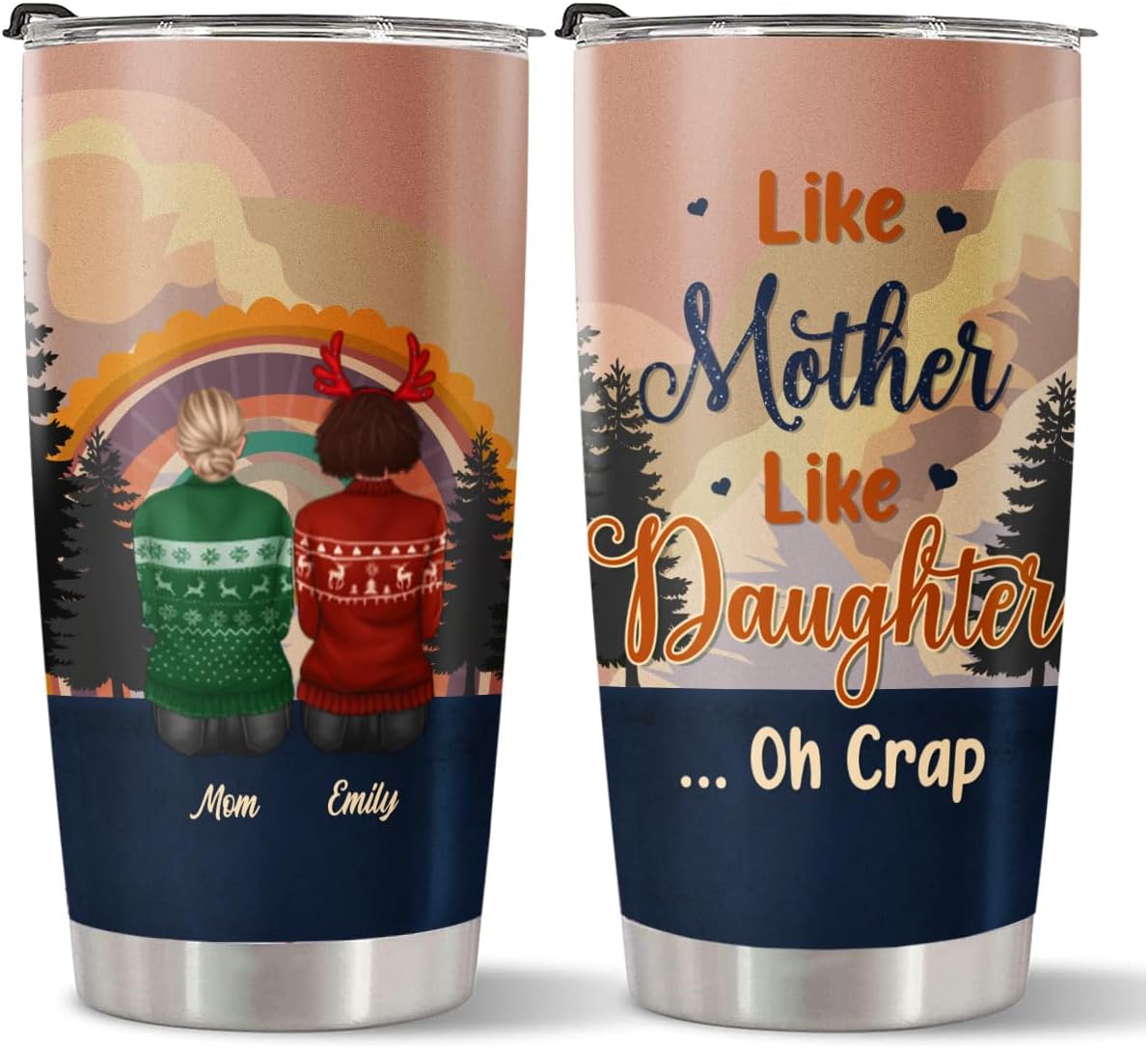Vaso personalizado para mamá, mamá de hija, hijo, como madre, como hija, Oh Crap Pine Tree Vista trasera, arco iris, vintage, nombre personalizado,