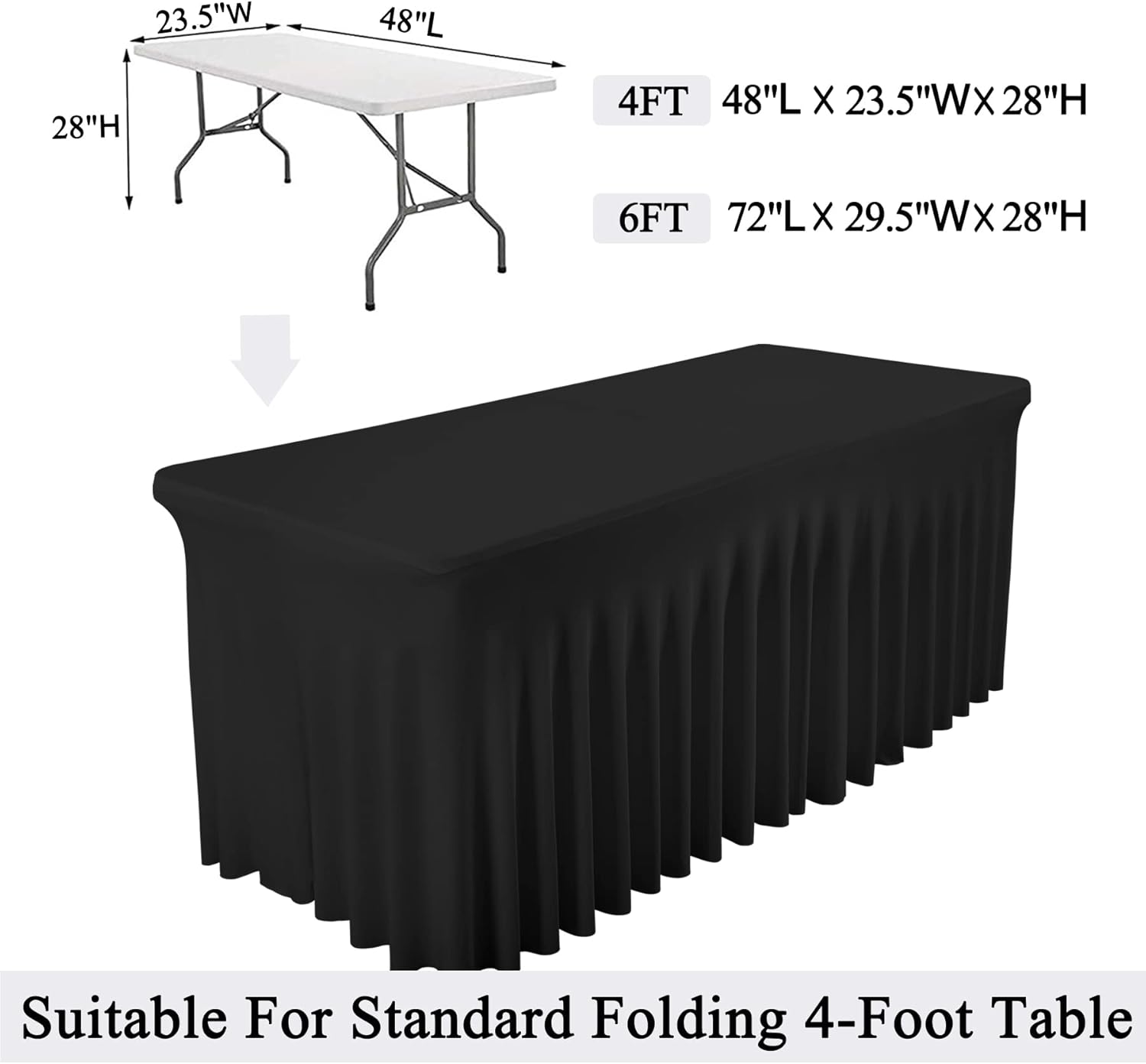 Partisky Faldas de mesa negras para mesas rectangulares, fundas de mesa de elastano de 4 pies, manteles rectangulares de 4 pies, color negro,