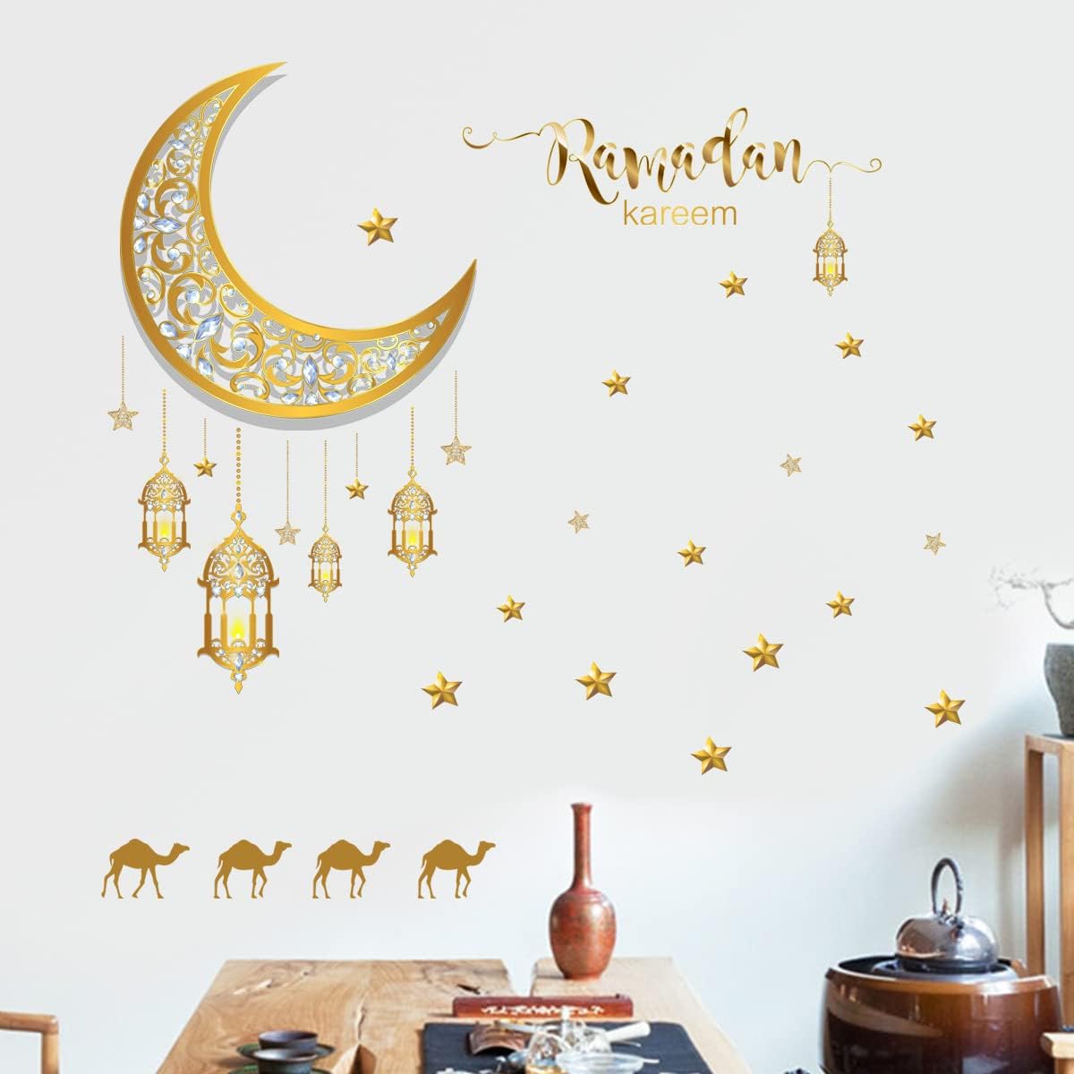 Calcomanías de pared de luna Ramadán Kareem lámpara de estrella amarilla camello, calcomanías de pared removibles para despegar y pegar, mural de