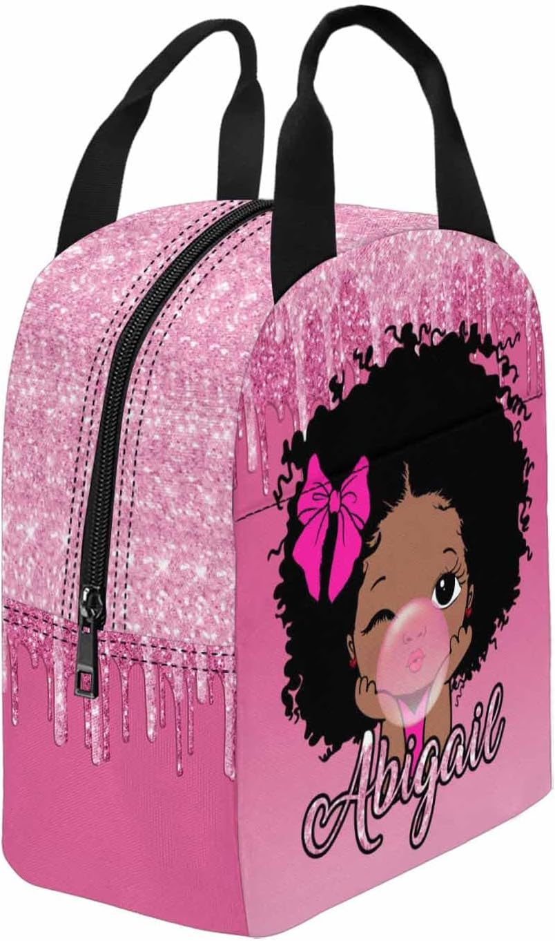 Lonchera con nombre personalizado para niños, color rosa degradado con patrón brillante, bolsa de almuerzo aislada reutilizable, bolsa de almuerzo