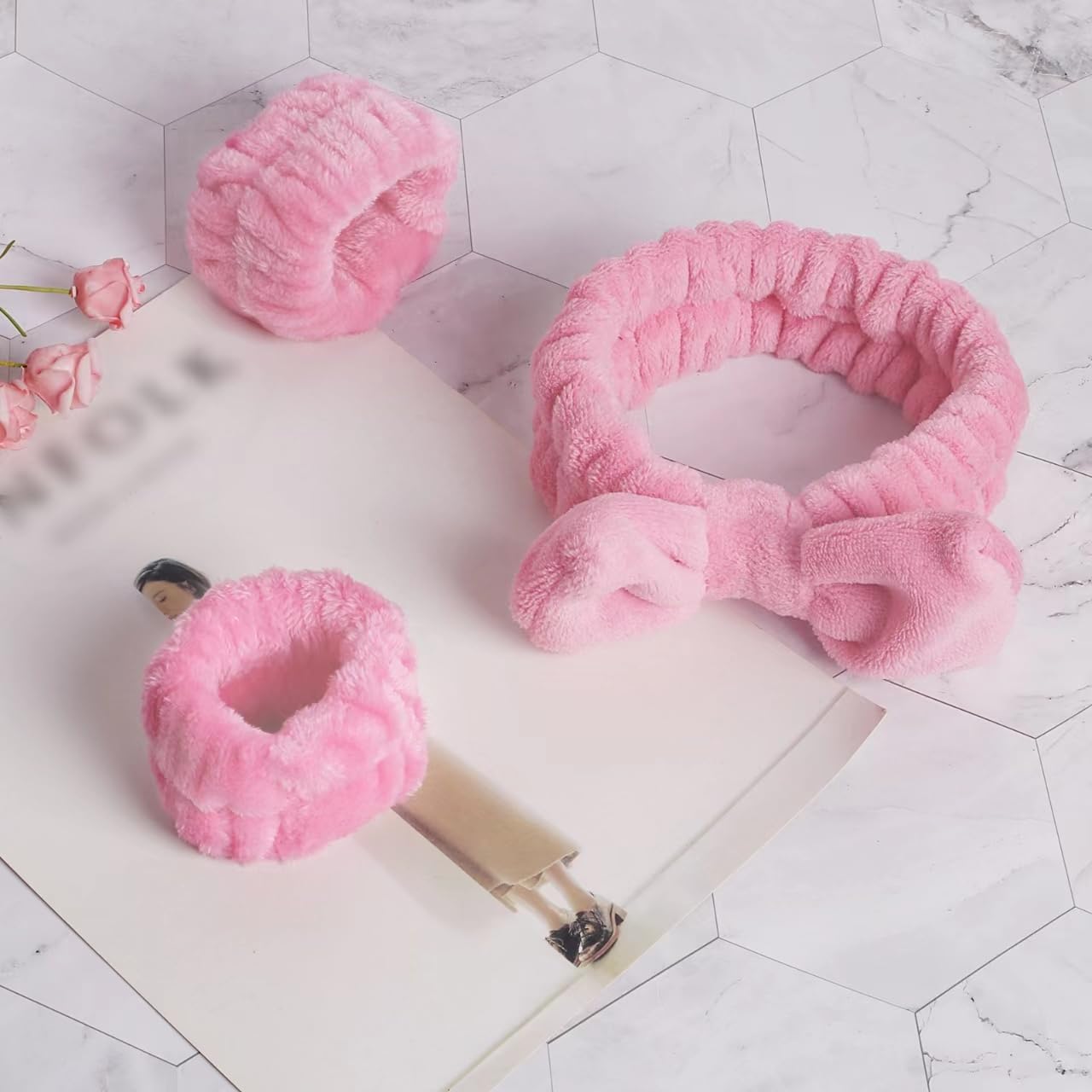 WSYUB Diadema para lavar la cara, juego de diadema y pulsera, diadema de spa y pulsera, rosa