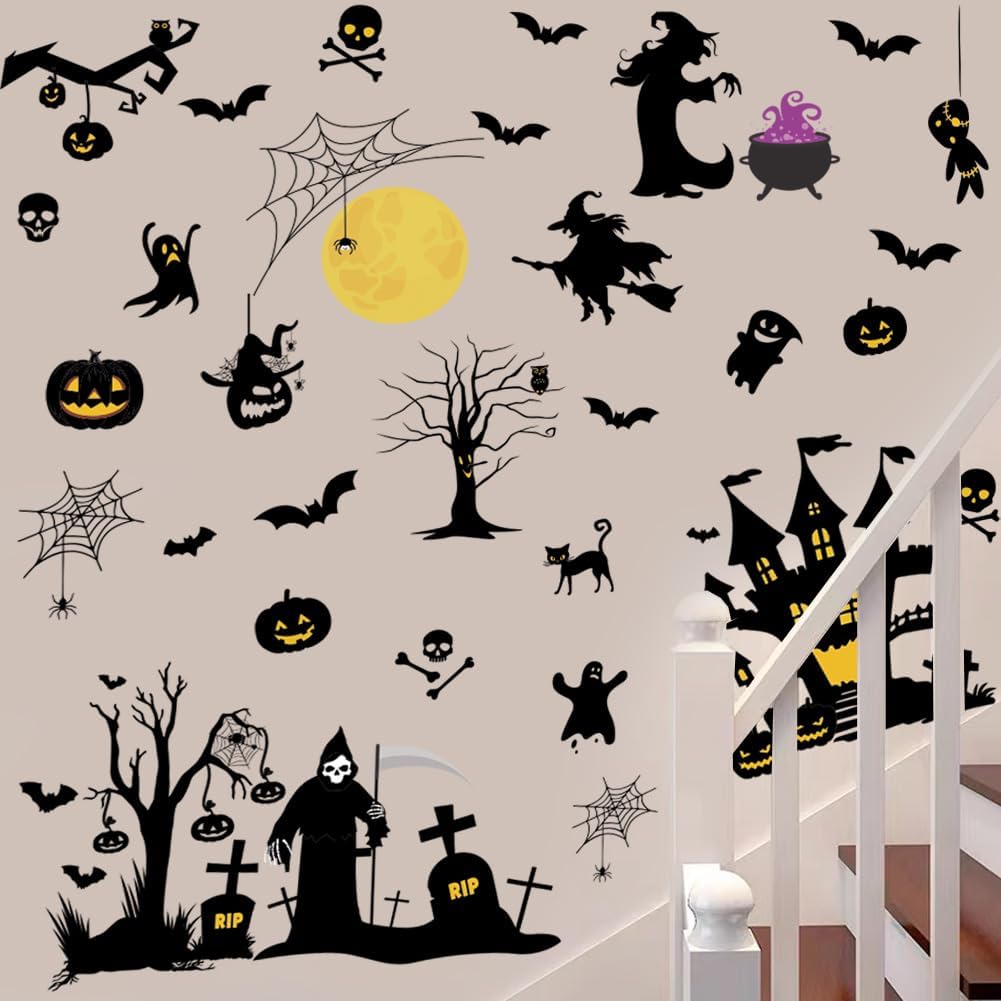 Calcomanías de pared de bruja de Halloween, decoración de pared de murciélago de luna de Halloween, decoración de pared de vinilo para despegar y