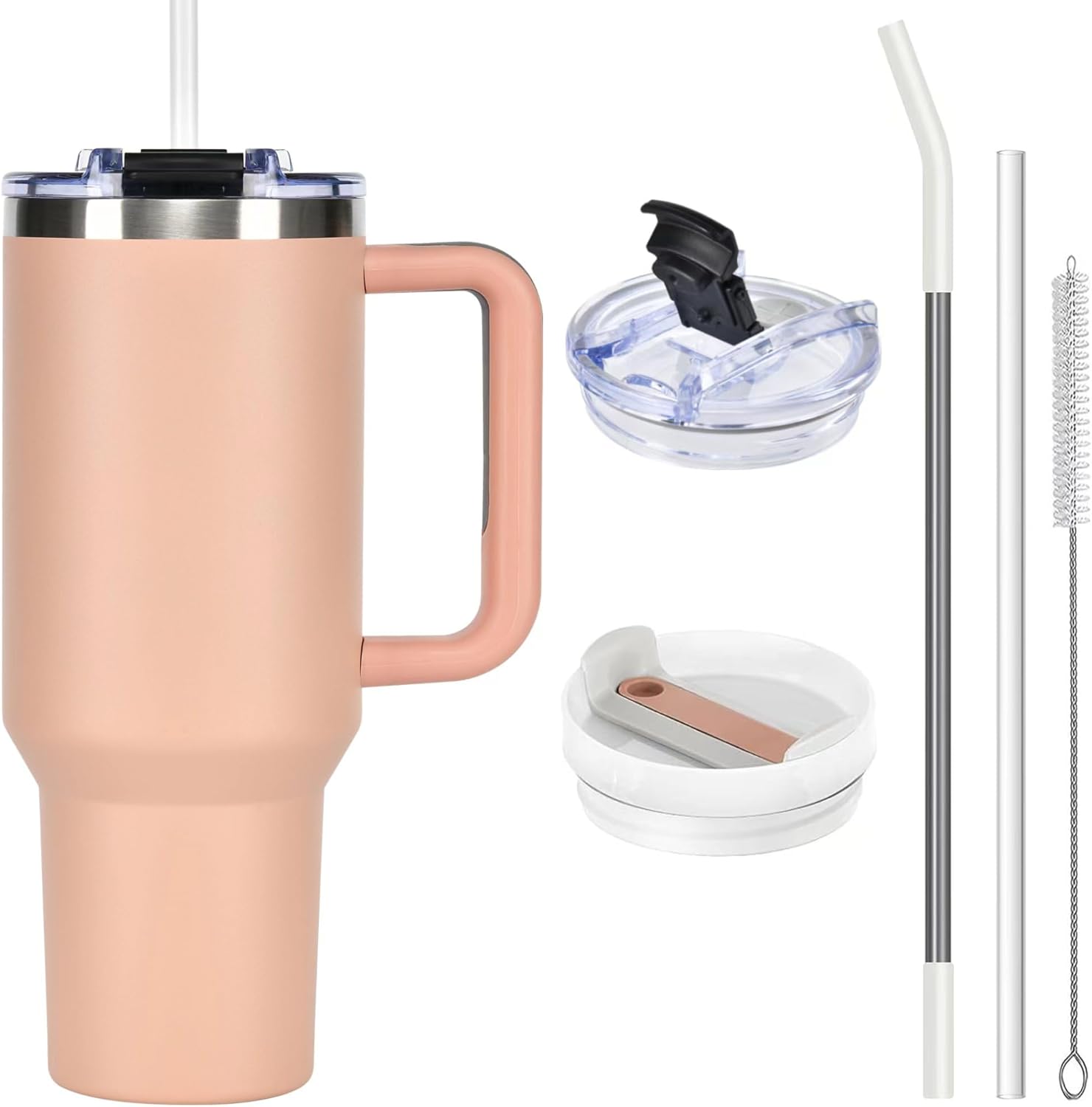 ASPERFFORT Vaso de 40 onzas con asa y tapa con pajilla, botella de agua de acero inoxidable, taza de viaje aislada al vacío, taza de café helado