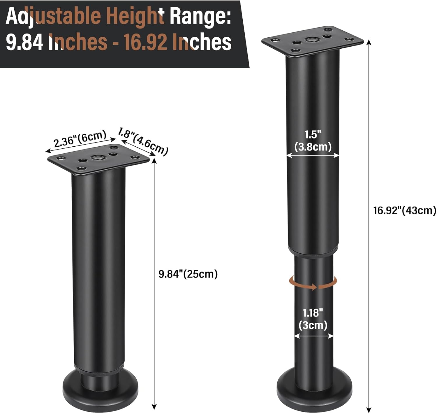 RealPlus Patas ajustables de metal para muebles, patas de 9.8 a 17 pulgadas para gabinete, sofá, silla, otomana, marco central de cama resistente,