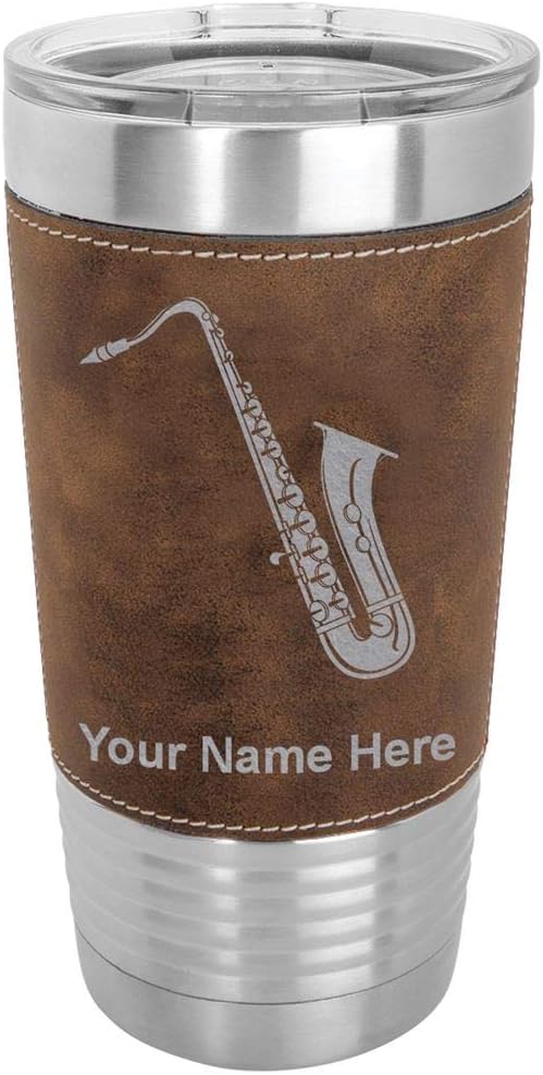 LaserGram Vaso aislado al vacío de 20 onzas, saxofón, grabado personalizado incluido (cuero sintético, rústico)