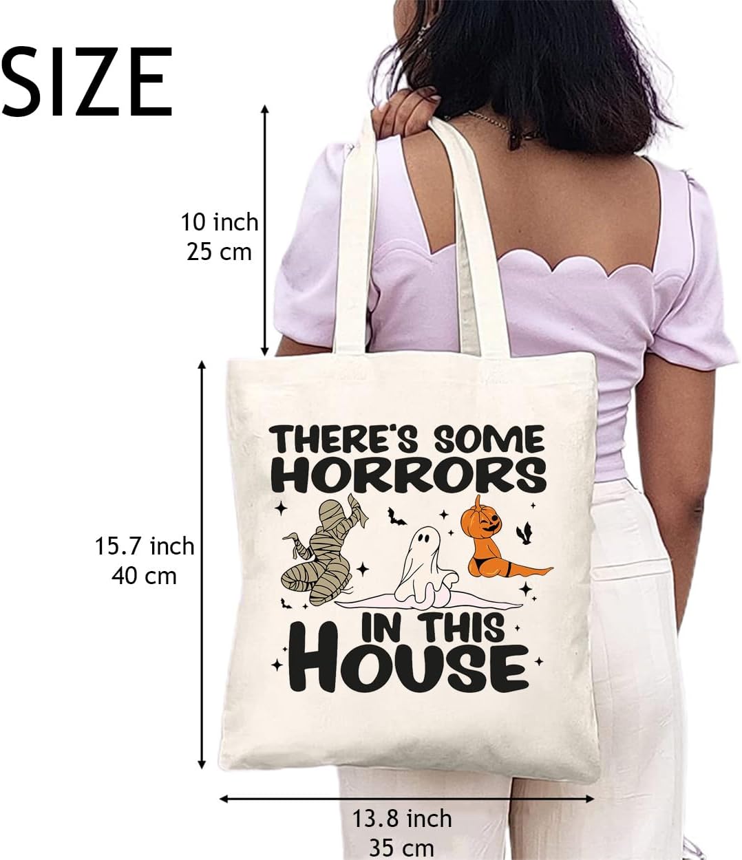 Bolsa de lona de Halloween para mujer, con texto en inglés “There Some Horrors in this House”, bolsa de compras ecológica
