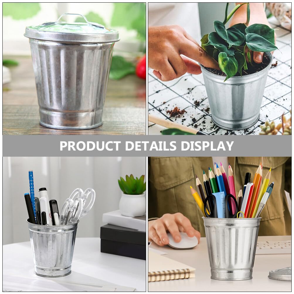 Alipis 4 cubos de basura galvanizados con tapa, mini papelera de encimera, pequeños cubos de metal, cubo de basura, maceta, soporte para bolígrafo