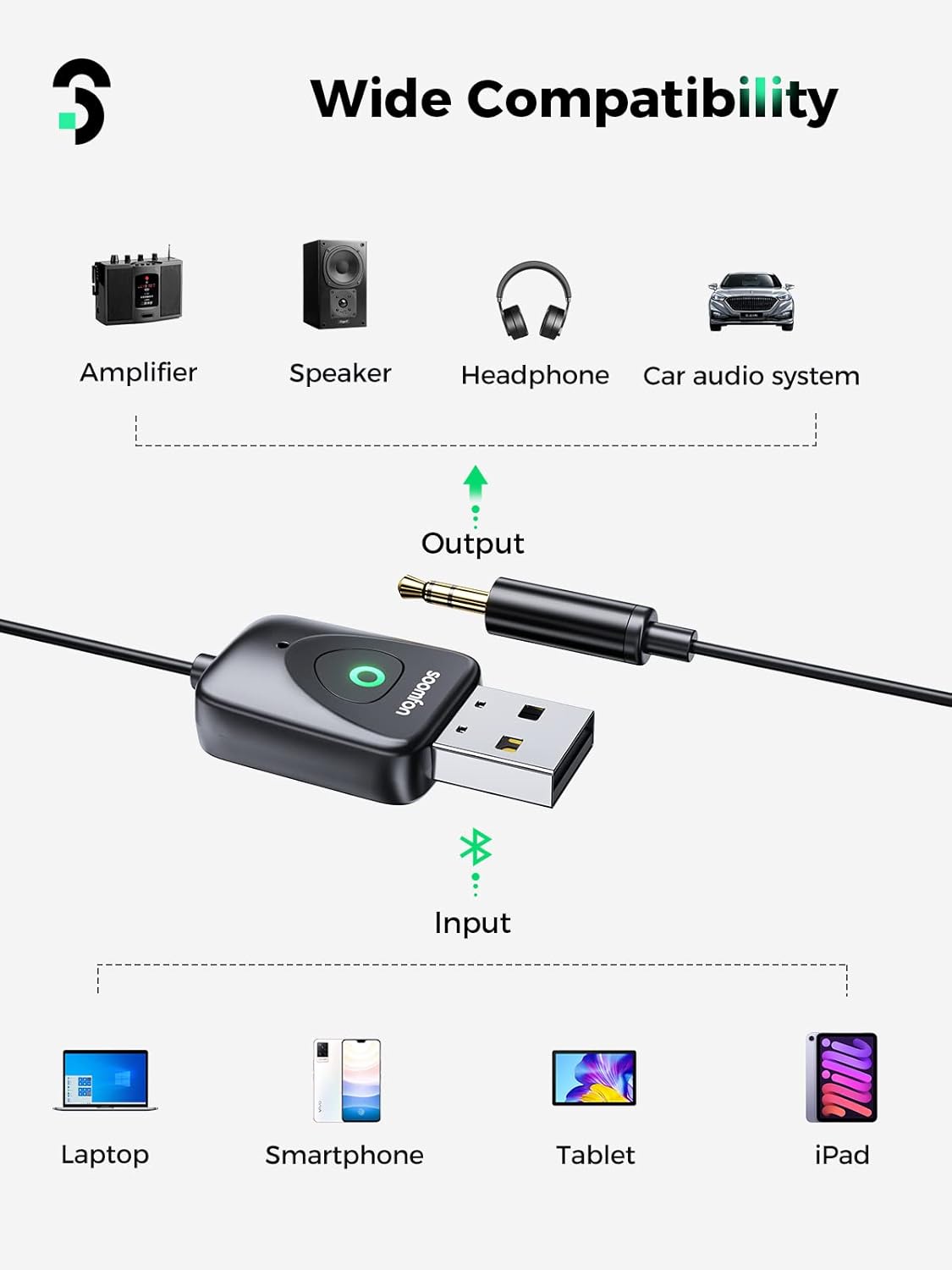 Adaptador Bluetooth 5.3 para automóvil, micrófono más fuerte y cancelación de ruido Bluetooth auxiliar de 0.138 in para automóvil con micrófono
