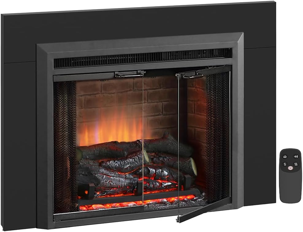 PuraFlame Klaus – Inserto de chimenea eléctrica de 23 pulgadas con kit de molduras, sonido crepitante de fuego, tronco de resina, puerta de vidrio y