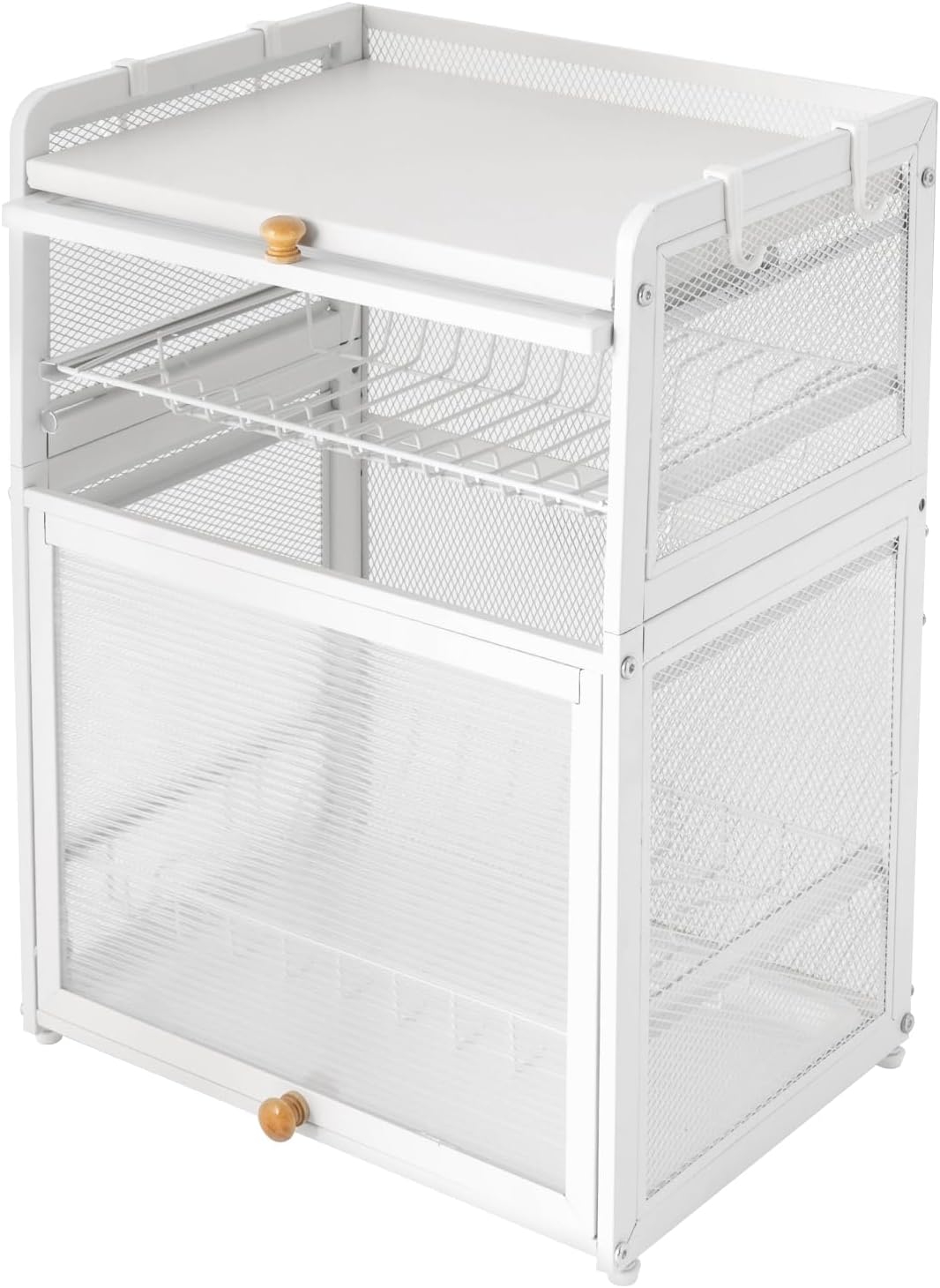 Escurridor de platos, armario de almacenamiento independiente de 3 niveles para encimera, escurridor de platos de cocina con puertas y bandeja de