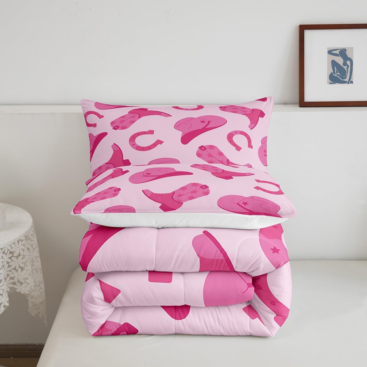 Erosebridal Juego de ropa de cama de vaquera, lindo juego de edredón de vaquera rosa kawaii, regalo para niñas y mujeres, sombrero de vaquero, botas