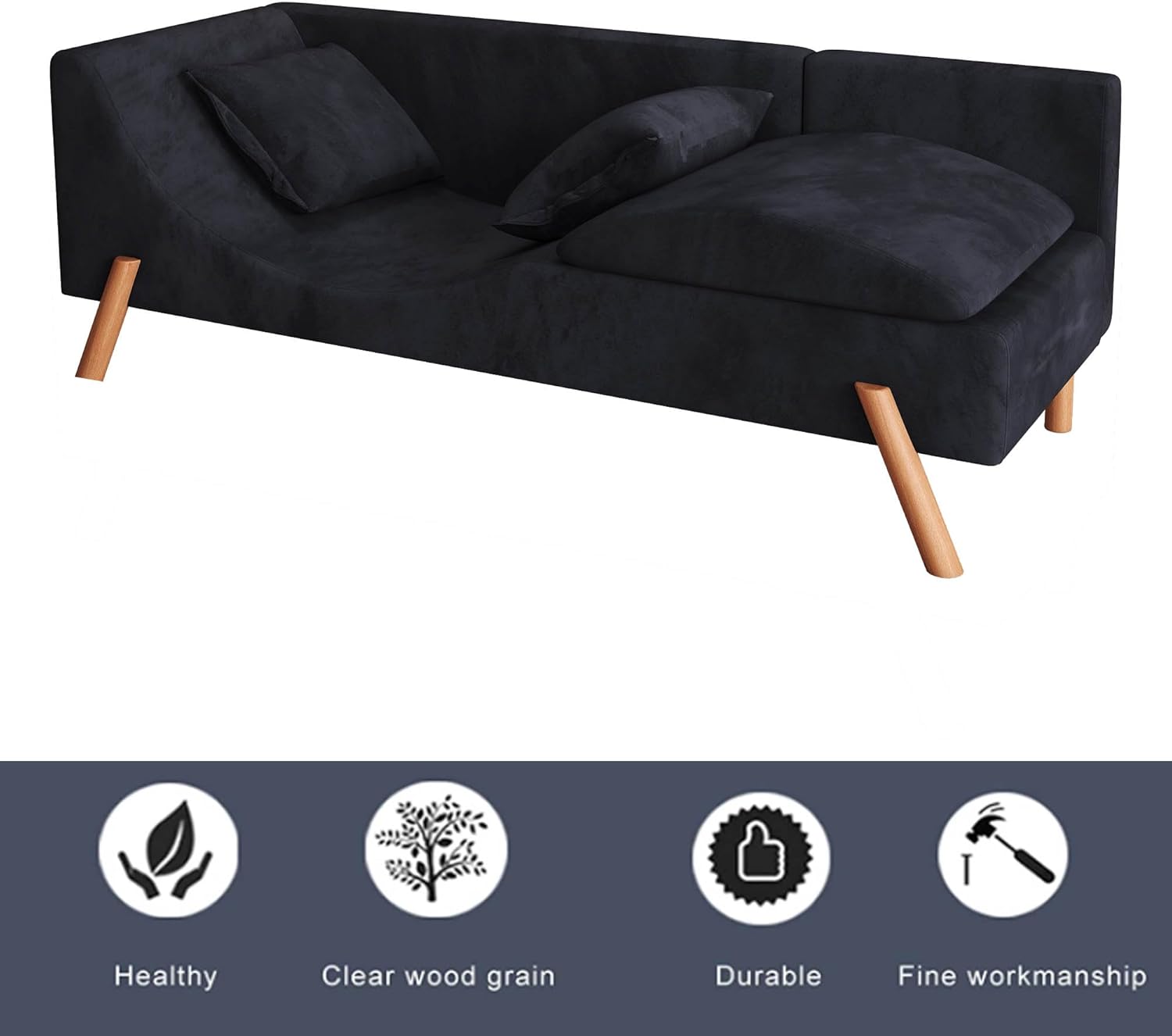 Sofá biplaza convertible de terciopelo de 65 pulgadas, moderno de mediados de siglo, con patas de madera para sala de estar, tumbona corta y