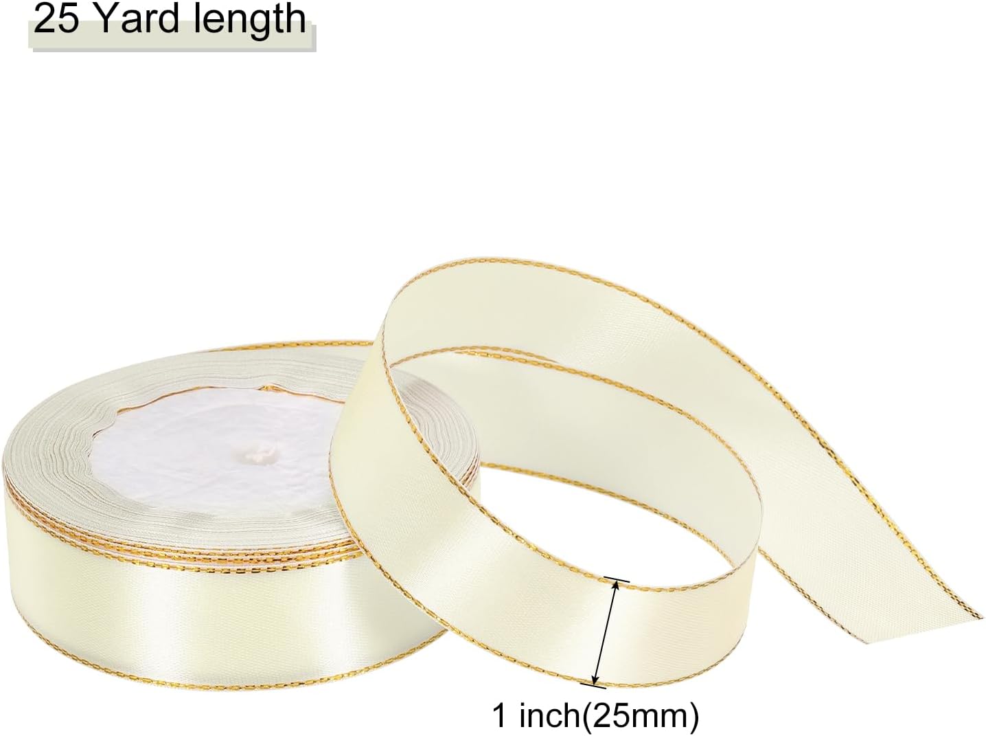MECCANIXITY Cinta de satén de 1 pulgada y 25 yardas de ancho con bordes dorados, cinta de tela de grogrén para envolver regalos, ramo de boda, color