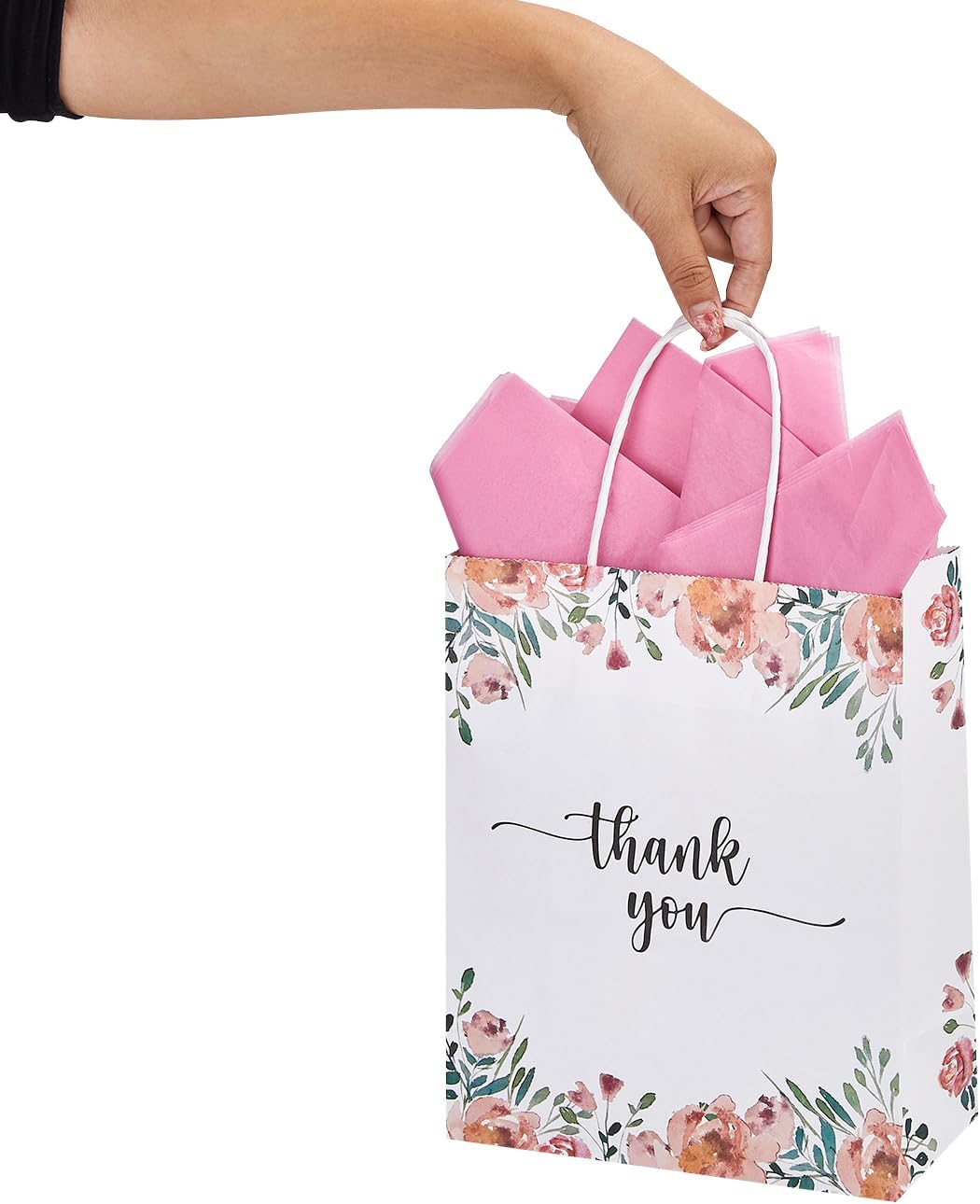 Paquete de 50 bolsas de regalo de papel de agradecimiento blancas y florales de primavera medianas con asas de 10 x 8 x 4 pulgadas y papel de seda