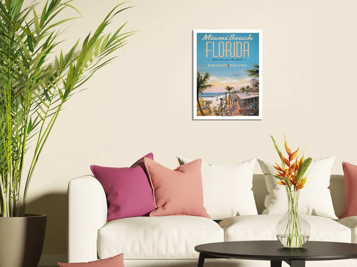 Miami Beach Florida – Eastern Airlines – Solo 10 horas de Nueva York – Póster vintage de viaje de aerolínea por Kerne Erickson – Impresión artística