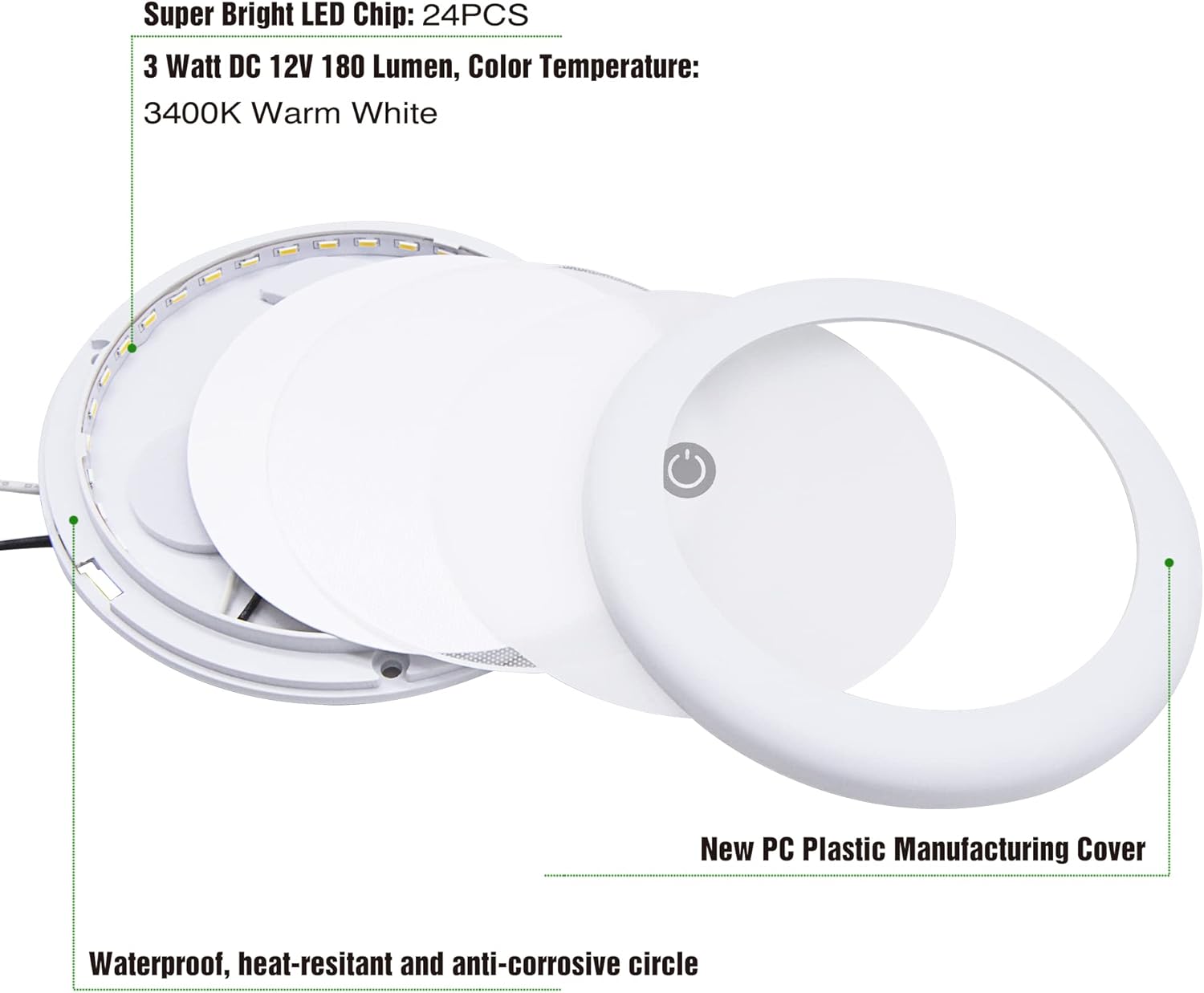 Luz LED de techo de 3 pulgadas para caravana con interruptor regulable, lámpara de montaje en superficie de disco de 12 voltios CC, para caravana,