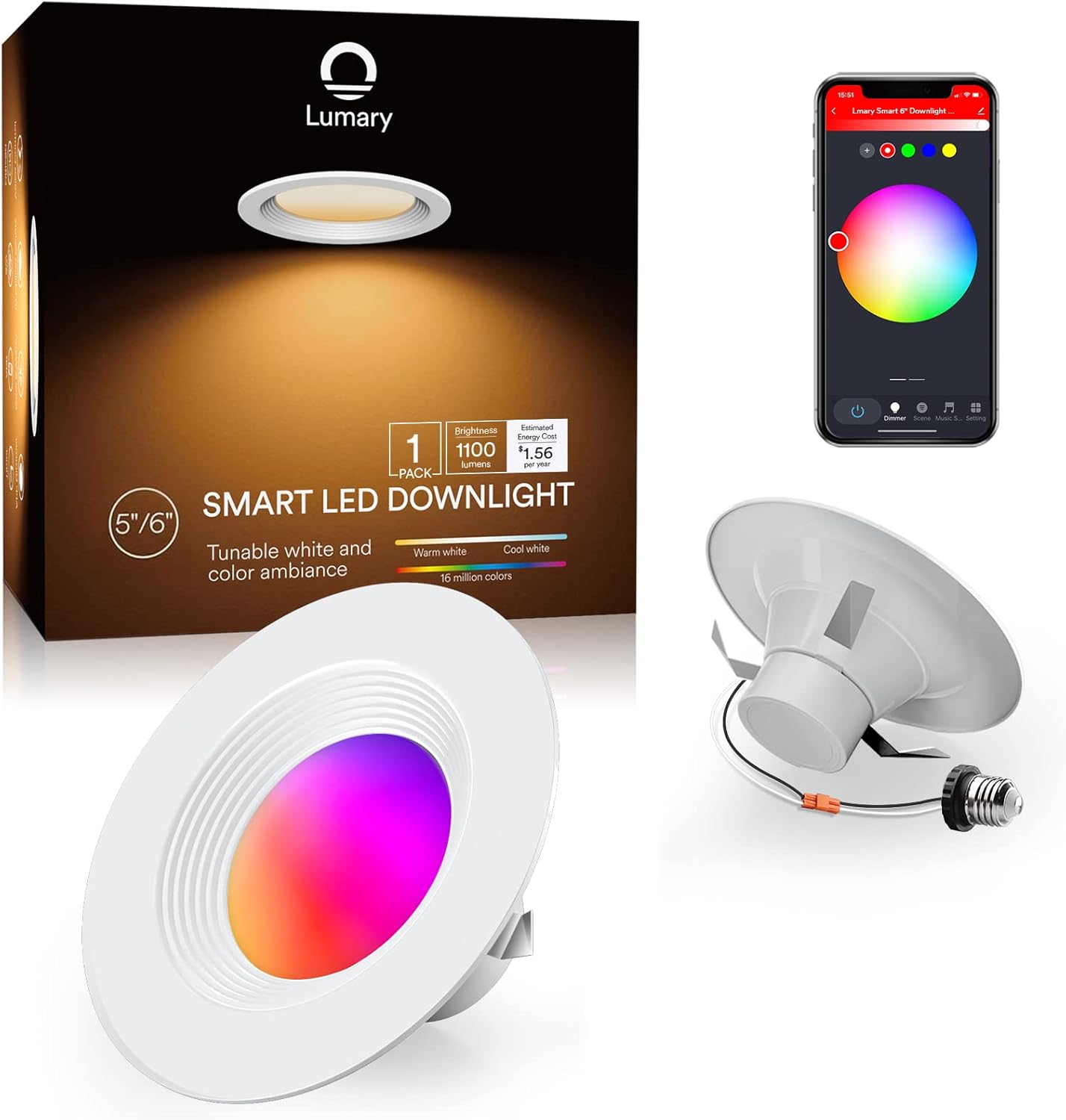 Iluminación LED de empotrar de 6 pulgadas, 13 W Lumary Luminarias LED, luces WiFi de empotrar inteligentes, Luminarias RGBWW, se sincroniza con la
