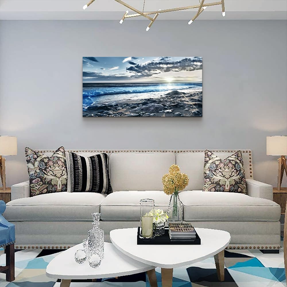 Arte de pared para sala de estar, decoración de pared para dormitorio, póster de gran tamaño, azul, playa, sol, océano, paisaje, impresiones, obras