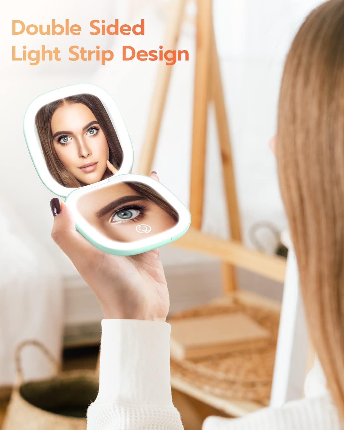 Benbilry Espejo de maquillaje compacto recargable con luces y aumento 1X10X, doble tira de luz, espejo de maquillaje de viaje regulable con 3
