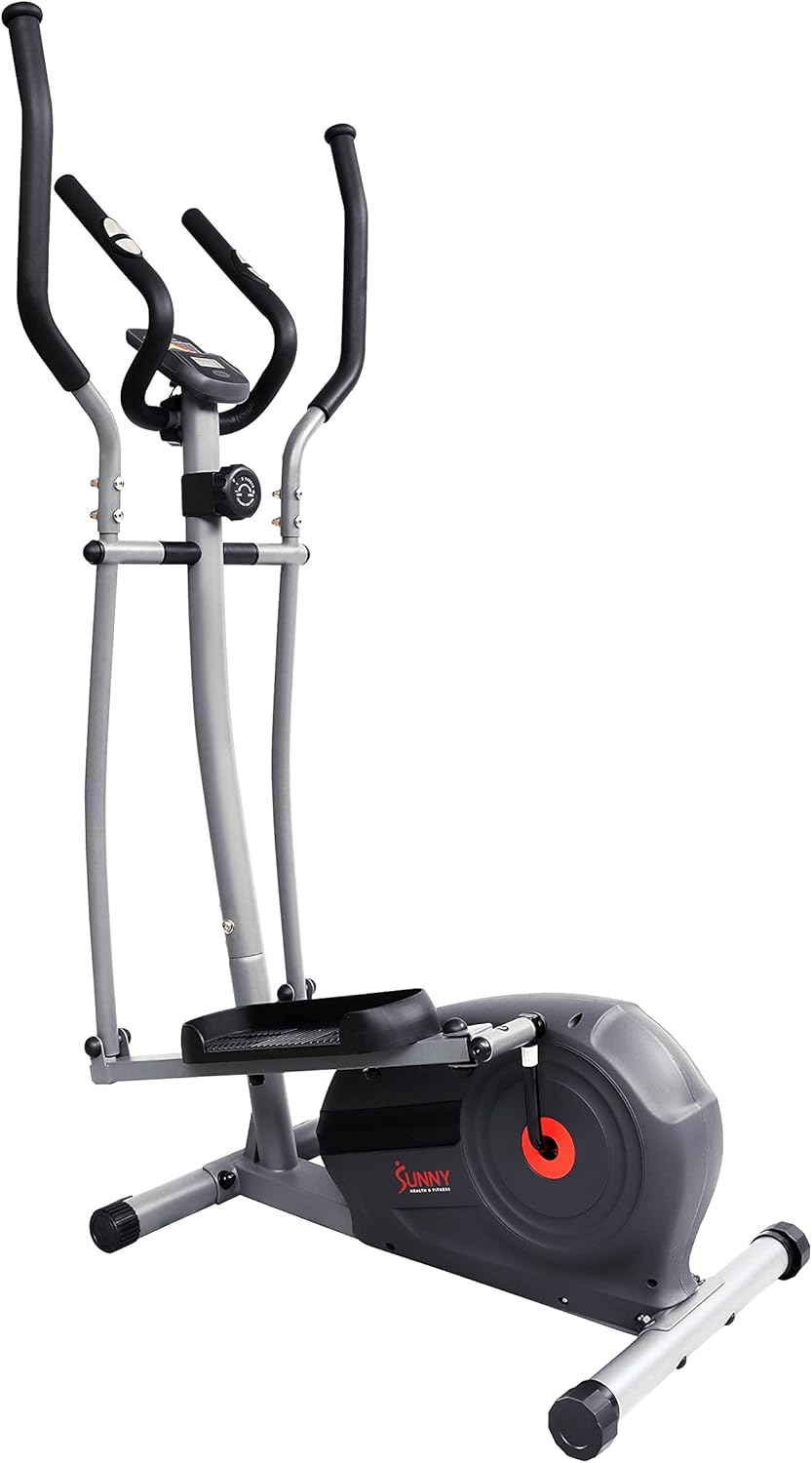 Sunny Health & Fitness Máquina elíptica magnética con monitor de rendimiento LCD, sensor de pulso, estabilizadores de piso, bajo impacto,