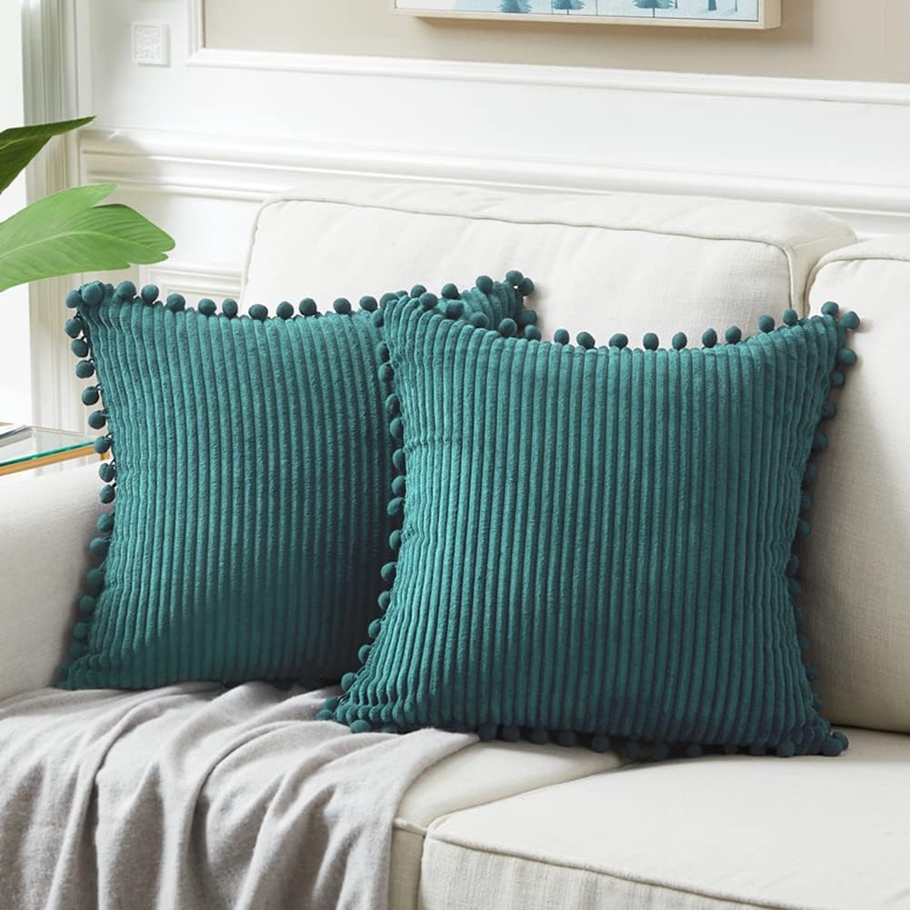 Fancy Homi Paquete de 2 fundas de almohada decorativas color verde azulado de 16 x 16 pulgadas con pompones para sala de estar, sofá y dormitorio,