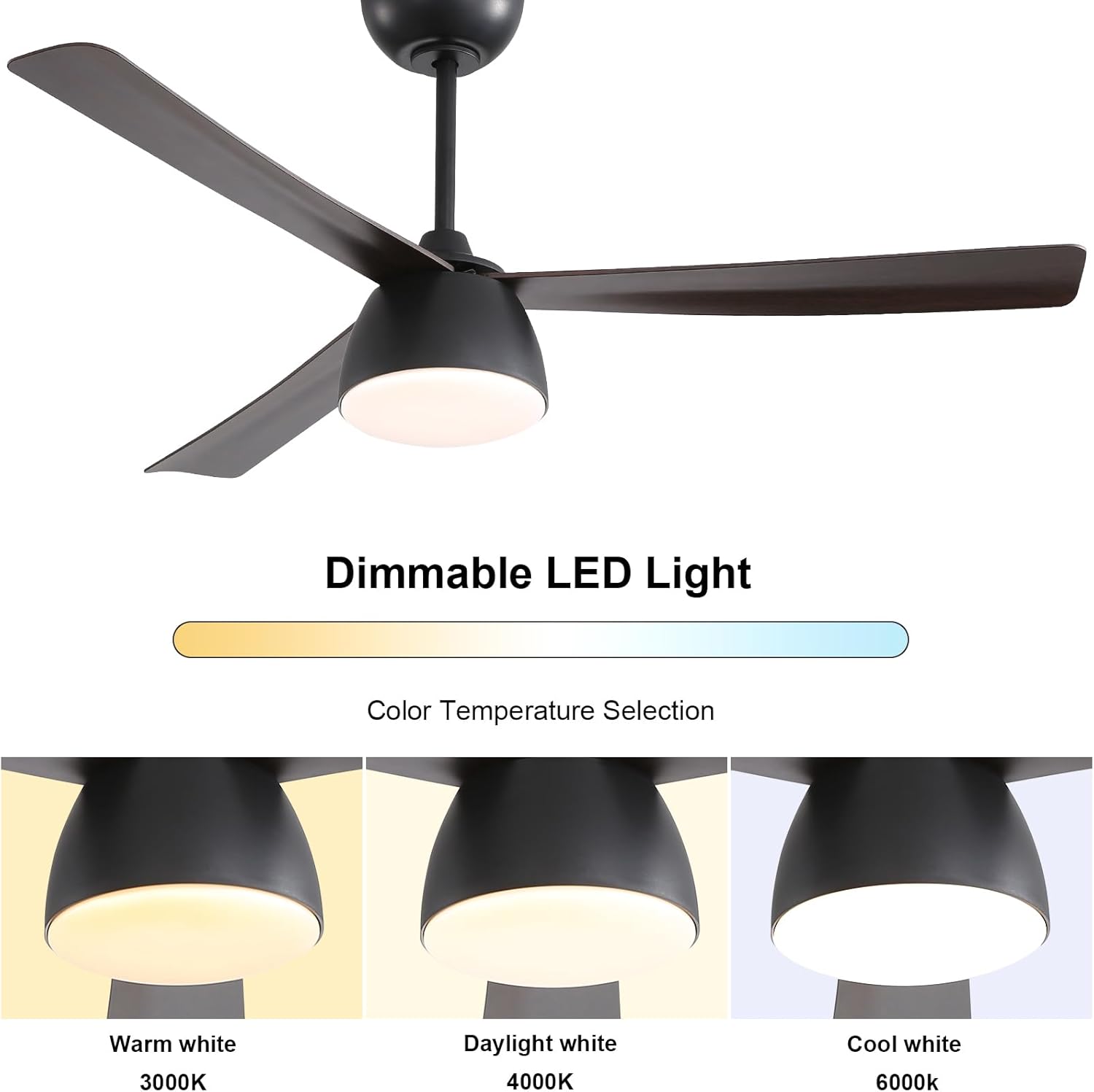 Sofucor Ventilador de techo de 52 pulgadas con luces con control remoto para exteriores, ventilador de techo negro con luz regulable, LED integrado,