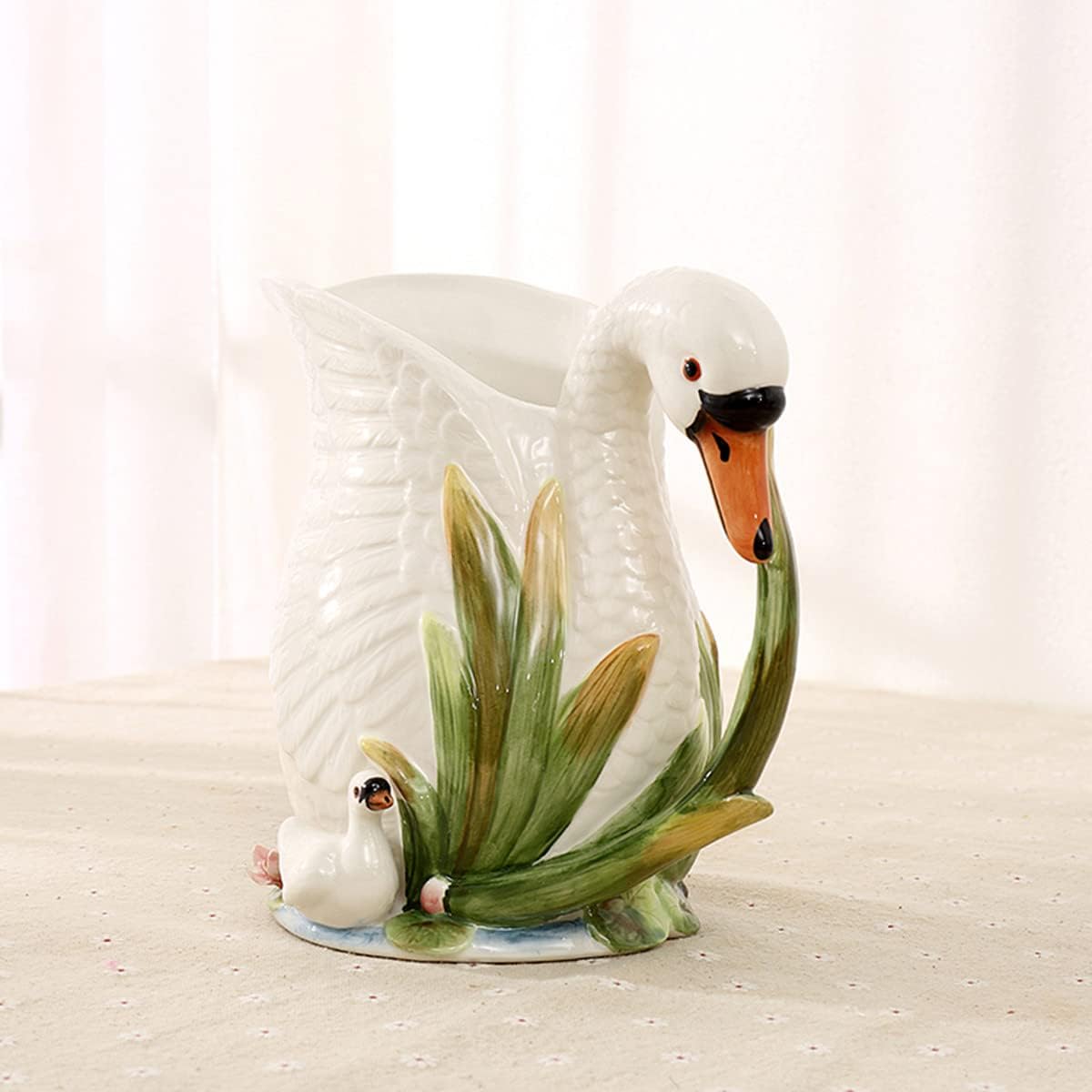 FORLONG Jarra de cerámica para agua, diseño de cisne blanco pintado a mano, soporte para ramo de decoración del hogar, 8 pulgadas de alto