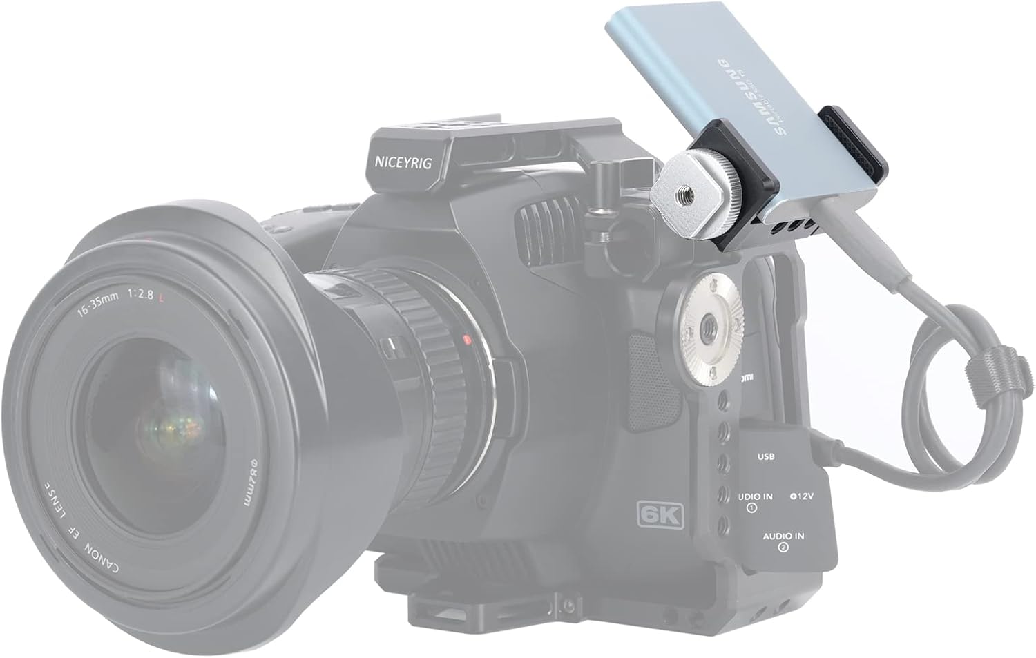 NICEYRIG Soporte SSD T5 T7 con rosca de 14, boca ajustable de 2.244in a 3.031in, soporte para banco de energía SSD para BMPCC 4K 6K Pro Z Cam – 477