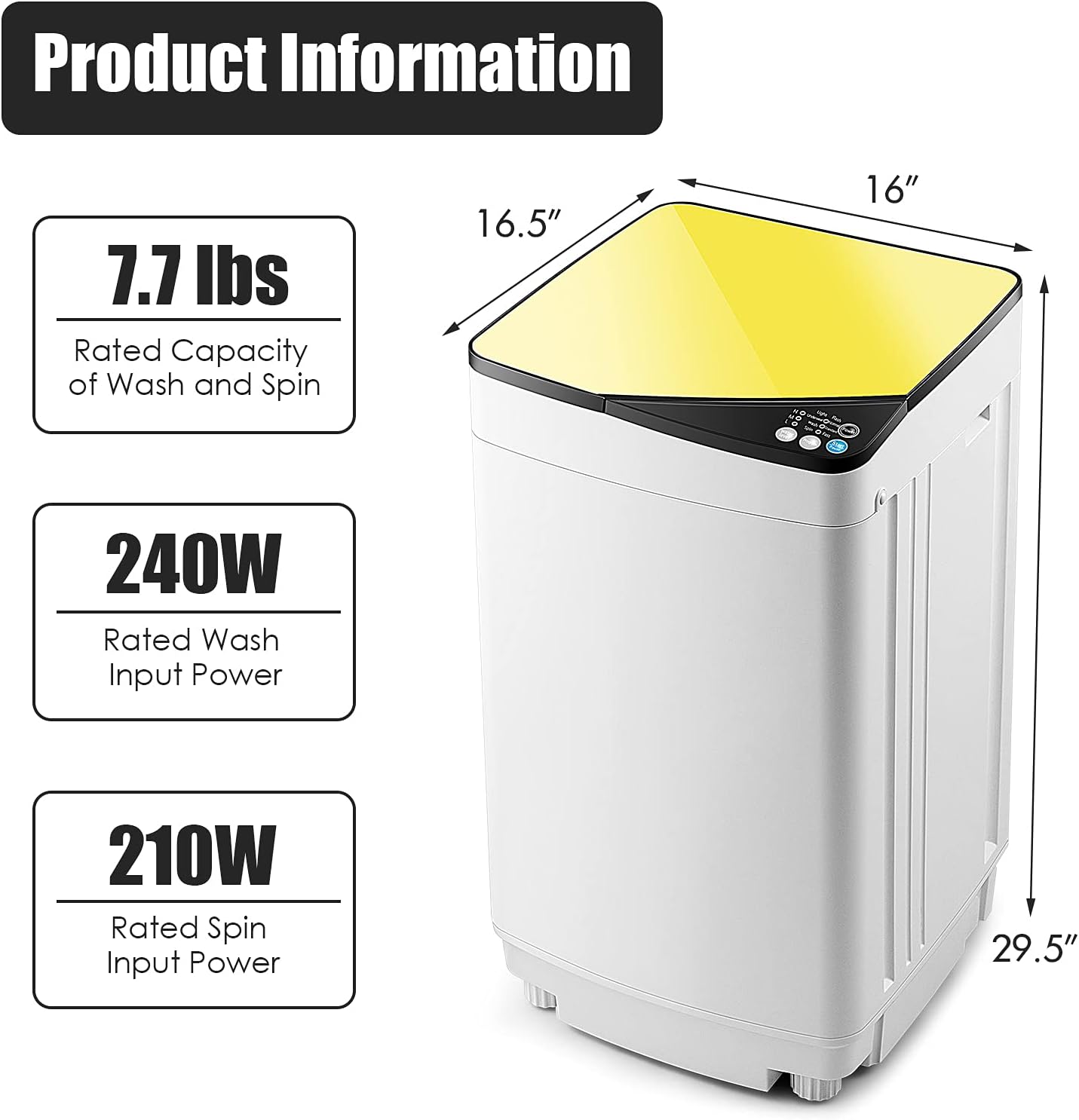 Casart – Lavadora portátil con capacidad de peso de 7.7 libras, lavadora y secadora completamente automática (amarillo y blanco)