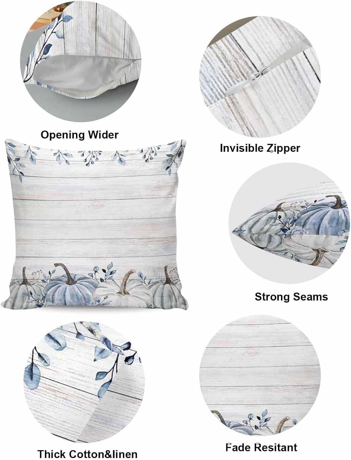Cotton Throw Pillow Covers Reversible Set of 2, Pumpkin Blue Tree Leaves Floral Fall Soft Couch Pillow Covers for Sofa Bedroom Living Room 18 x 18