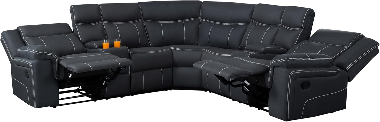 Moderno sofá seccional de movimiento manual en forma de L esquinero de 5 plazas, sofá reclinable curvado y simétrico tapizado con 2 consolas de