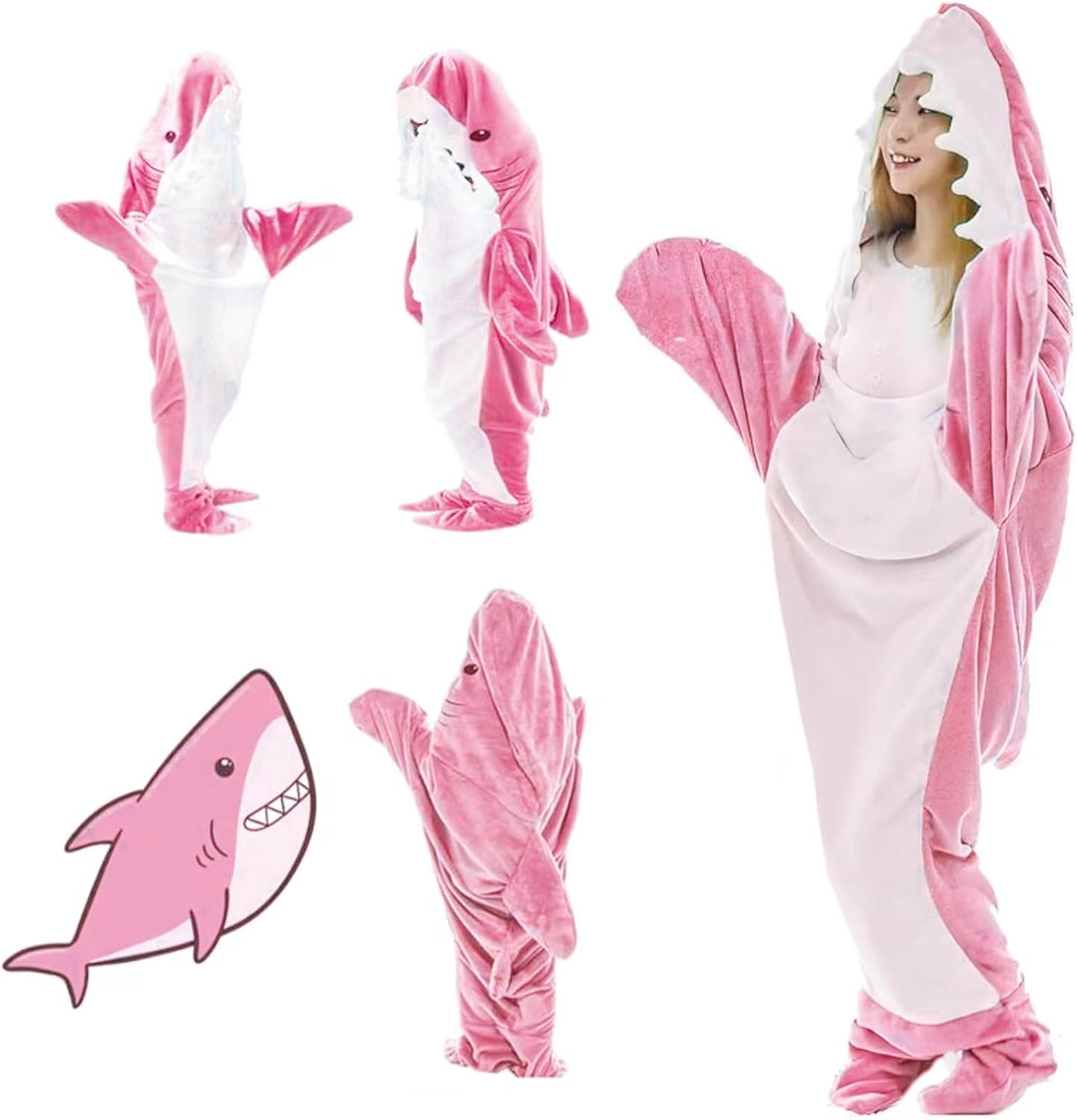 Manta de tiburón con capucha para adulto, cómoda manta de tiburón con capucha súper suave, saco de dormir de tiburón para adultos y niños (rosa,