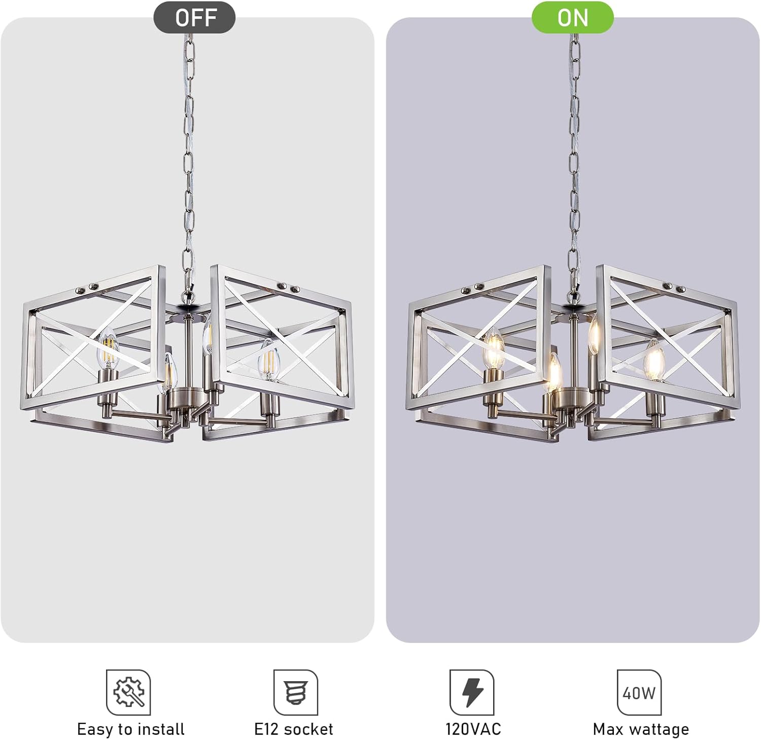 Szleomay Candelabro moderno de níquel cepillado, 4 lámparas de araña para comedor con marco cuadrado de metal, altura ajustable, accesorios de