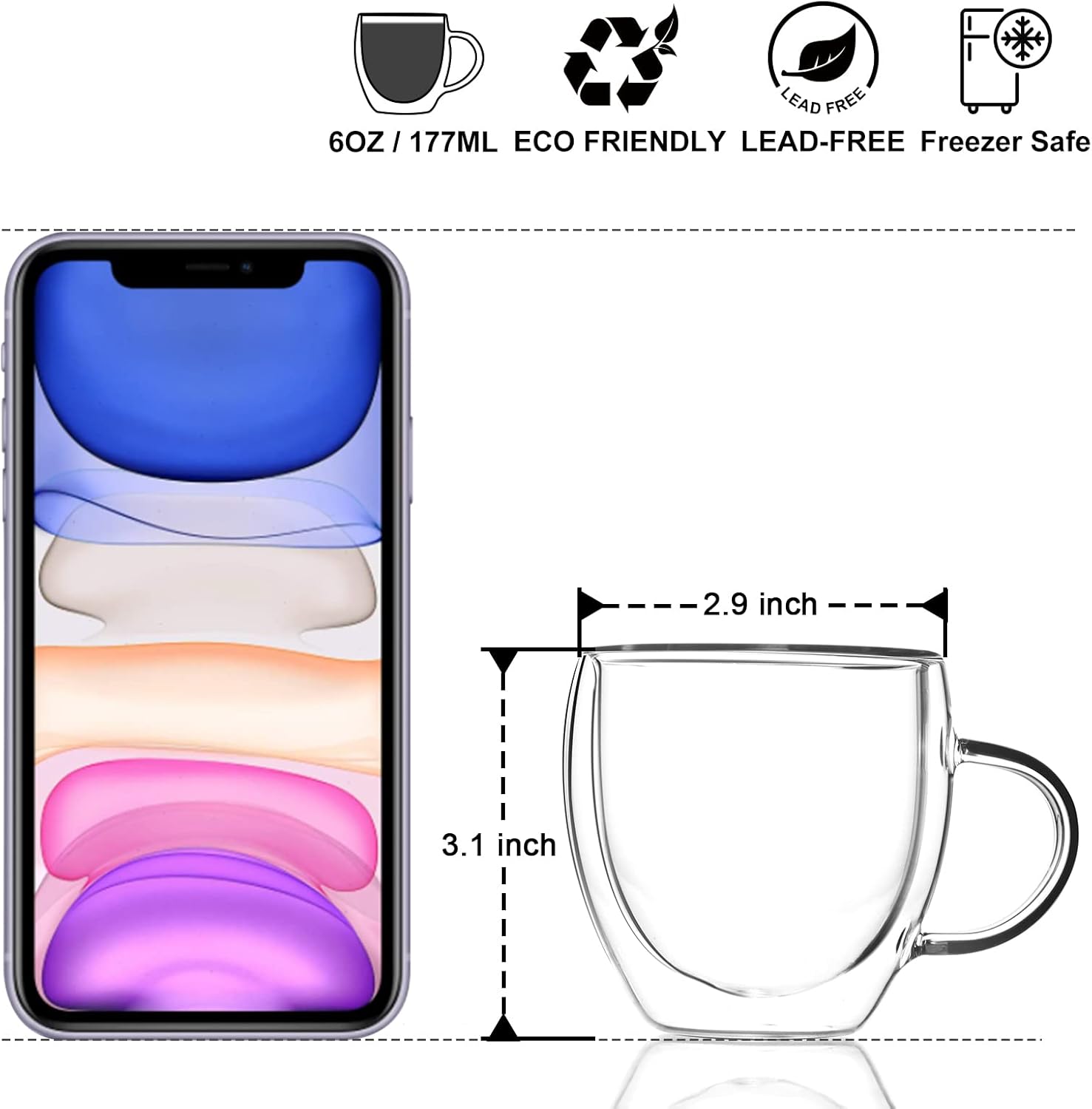 KitchenTour – Juego de 4 tazas aisladas de doble pared de 6 onzas con asa, juego de 4 tazas pequeñas de vidrio para máquina de café expreso y