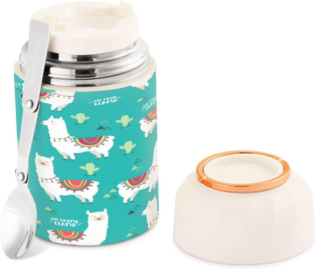 Llama – Tarro de alimentos aislado al vacío de acero inoxidable de 16 onzas, con cuchara plegable, boca ancha, termos de sopa a prueba de fugas para