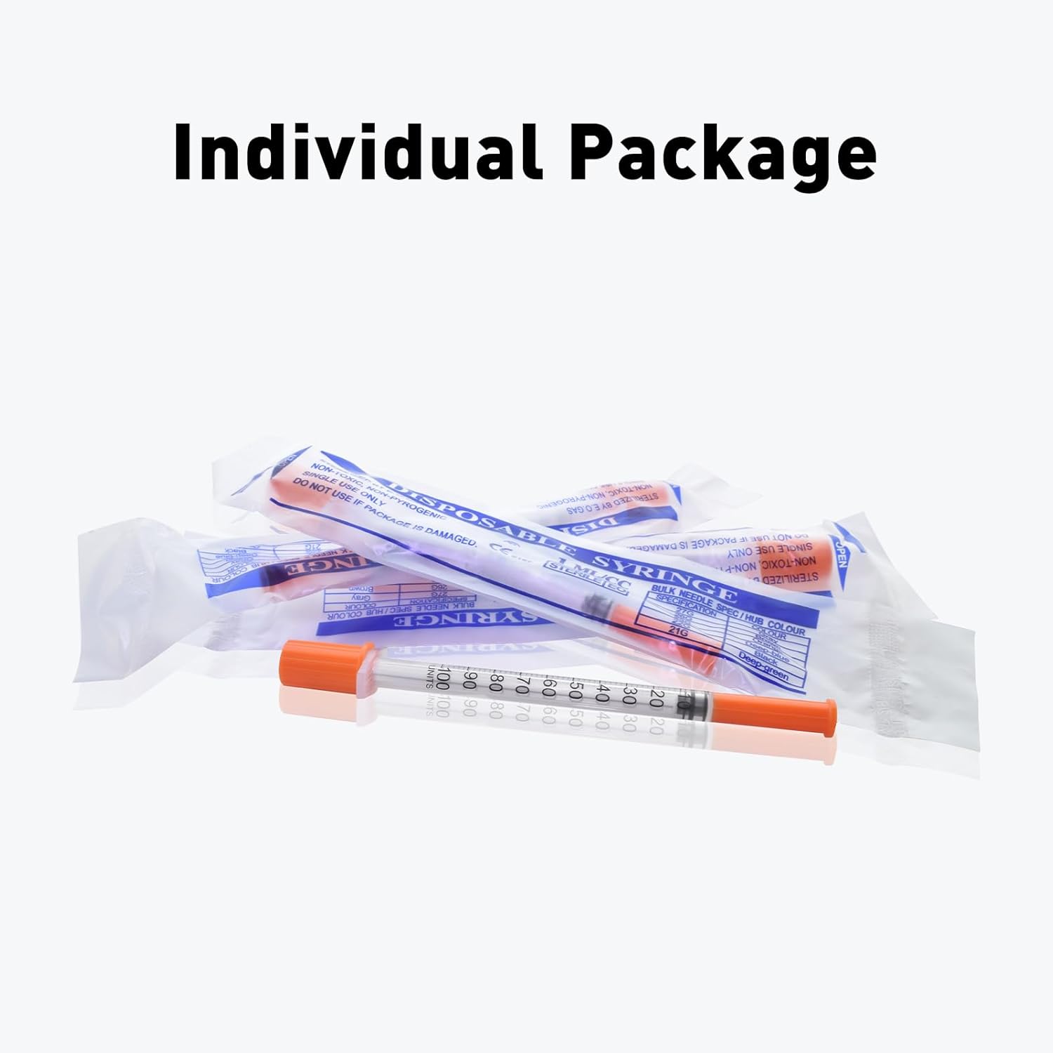 U-100 Jeringas de 1cc 1.09 oz 516″ (8mm), envueltas individualmente, paquete de 20