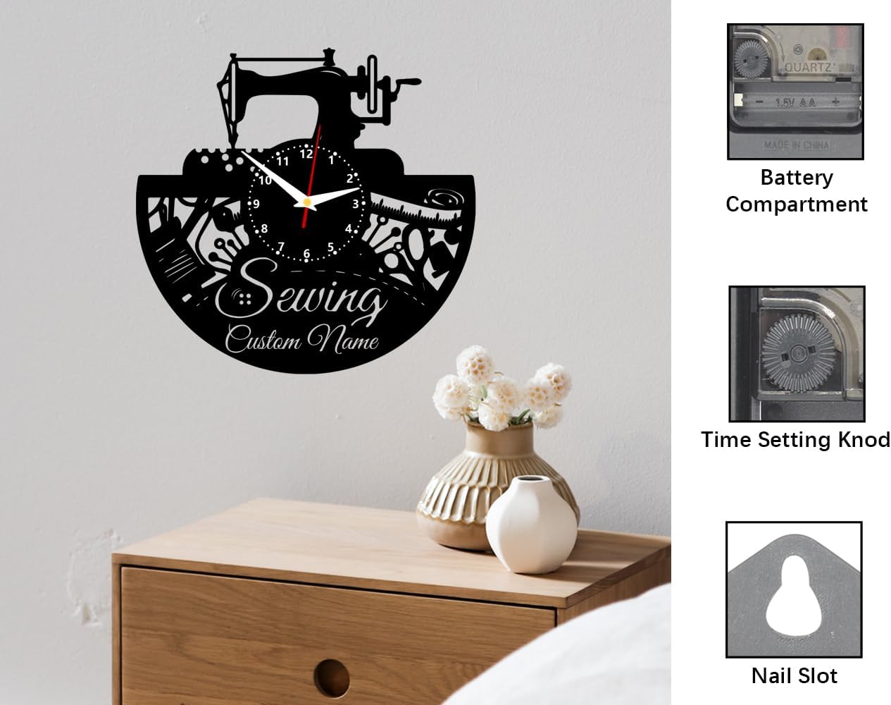 Reloj de pared con temática de máquina de coser, arte de pared de registro de madera, decoración de oficina en casa, regalo para sastres,