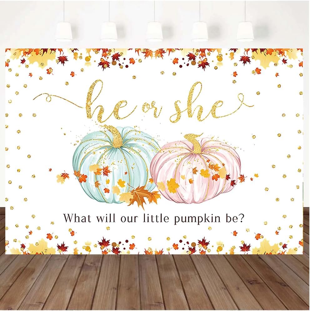 Decoración de calabaza para revelación de género del bebé, vinilo de 7 x 5 pies, hojas de arce doradas, él o ella, rosa o azul, decoración de fiesta