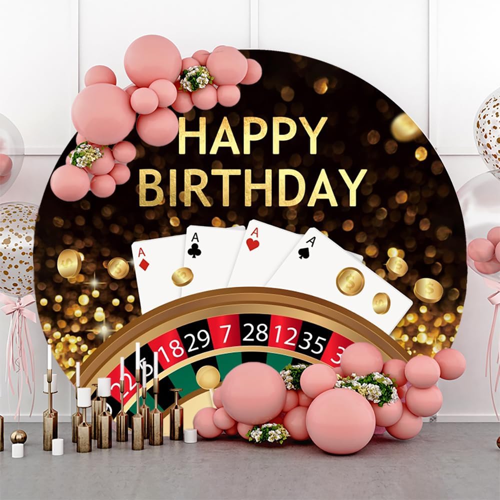 AWERT Fondo redondo de poliéster de 6.5 pies de diámetro de feliz cumpleaños, Las Vegas, Casino, Noche, Dados, fichas de póquer, monedas de oro,